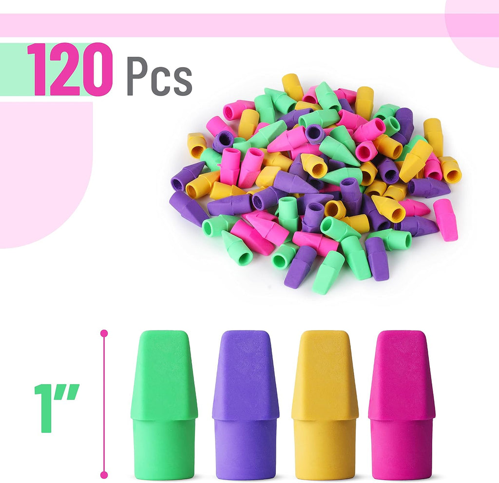 Pencil Top Erasers, 120 Pack, Latex-Free, No-Smudge | Cap Pencil Erasers for Precise Erasing, Kids, Teachers