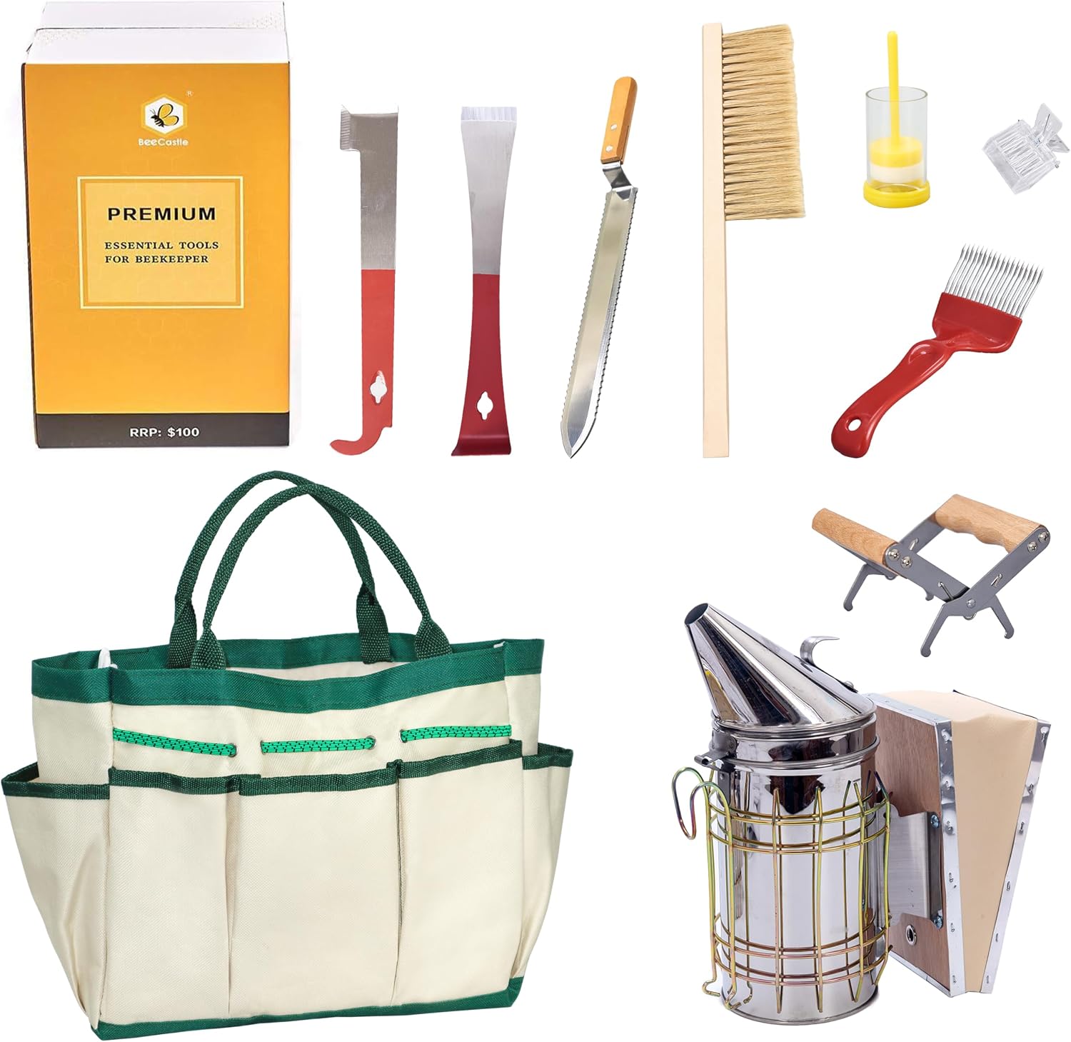 9 Pcs Beekeeping Tools Kit with Organizer Tote for Beekeepers, Necessary Beekeeping Supplies Bee Keeping Starter Kit