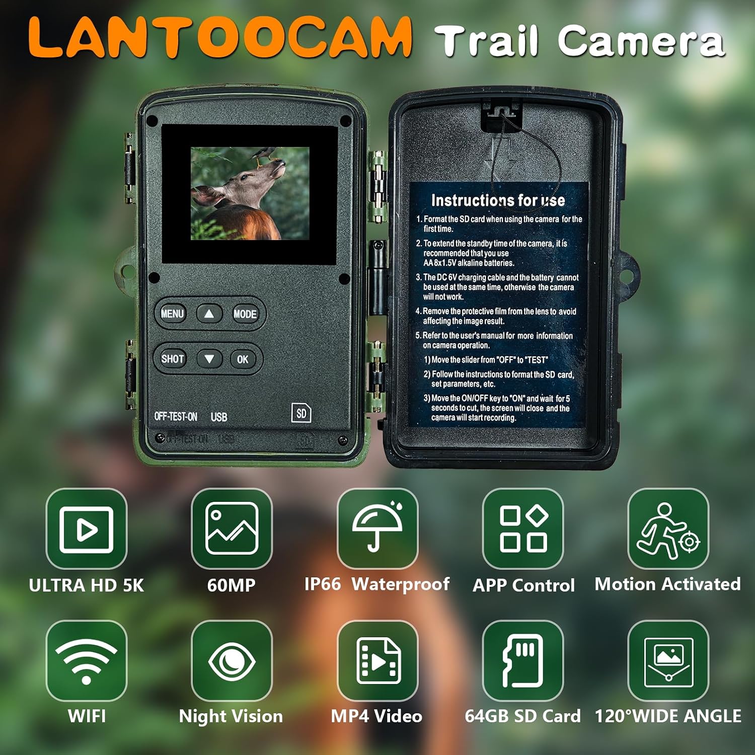 5K Trail Camera, WIFI 60MP Camera, 64GB SD Card, APP Control, Night Vision for Outdoor, Monitoring Game Cameras for