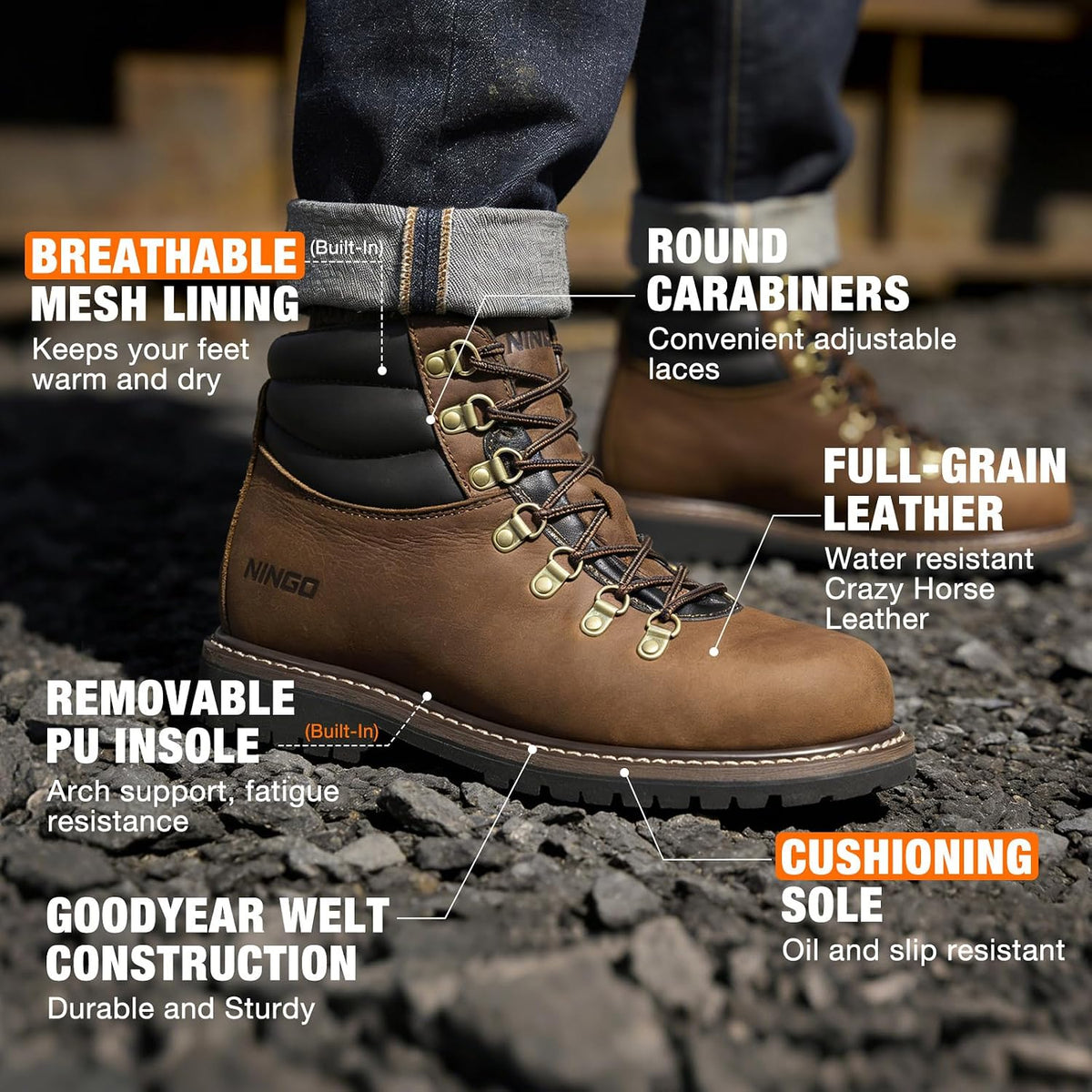 Steel Toe Work Boots for Men Durable Crazy Horse Leather Safety Boots | Goodyear Welt Non Slip EH Rated Sole, Water