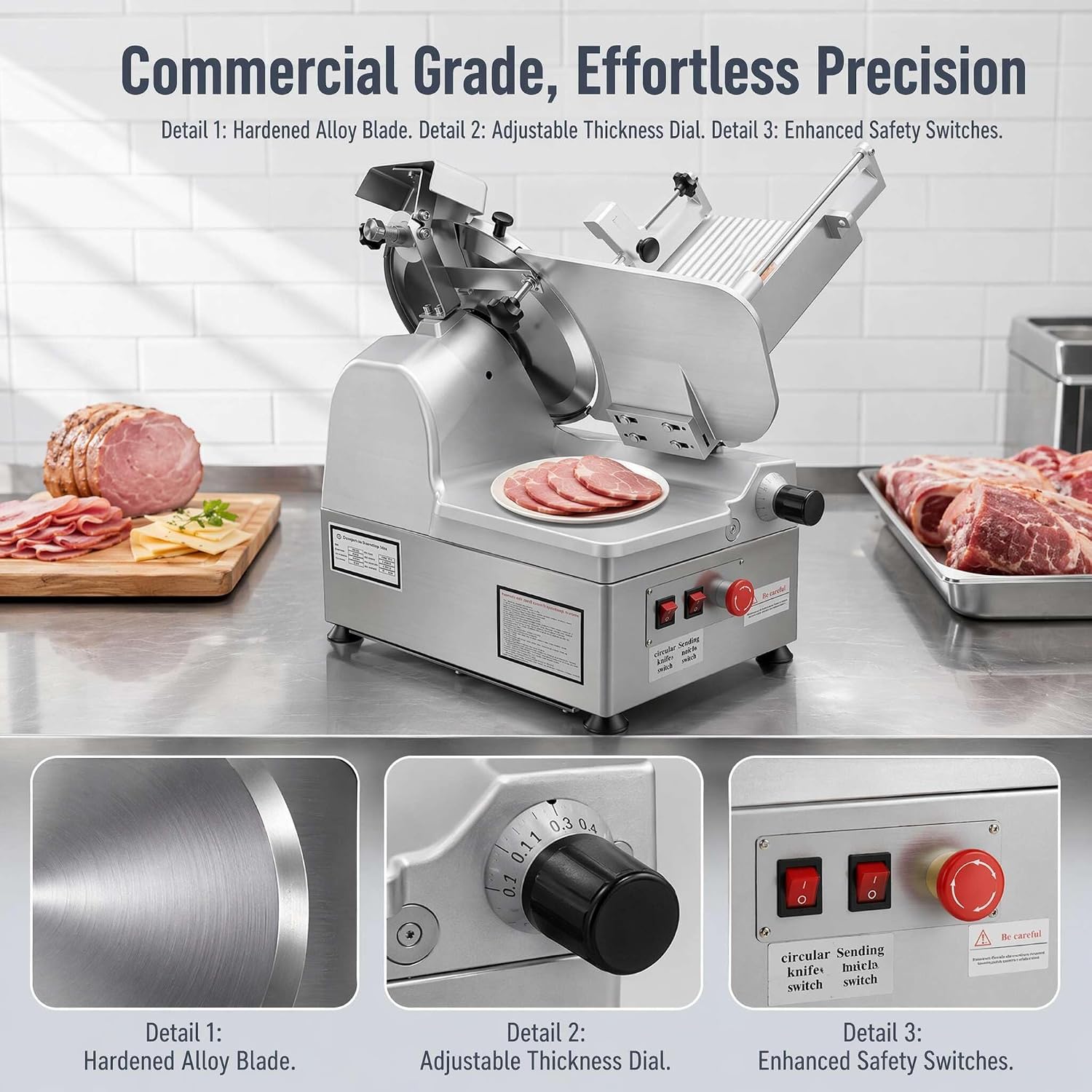 550W Meat Slicer Commercial,Electric Deli Slicer Machine with Removable 10" High-Hardness Carbon Steel Blade, 0-0.43