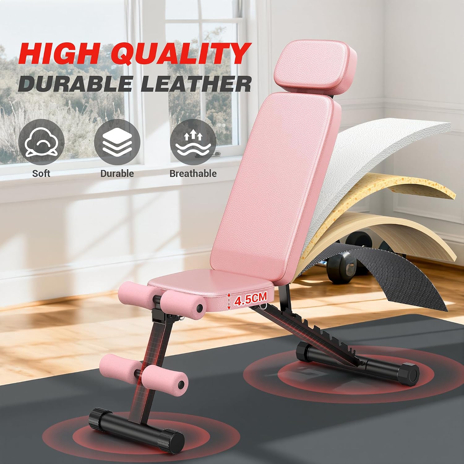 Workout Bench, 10 Backrests Adjustable Weight Bench with Extended Headrest, 800LBS Foldable Weight Bench for Home