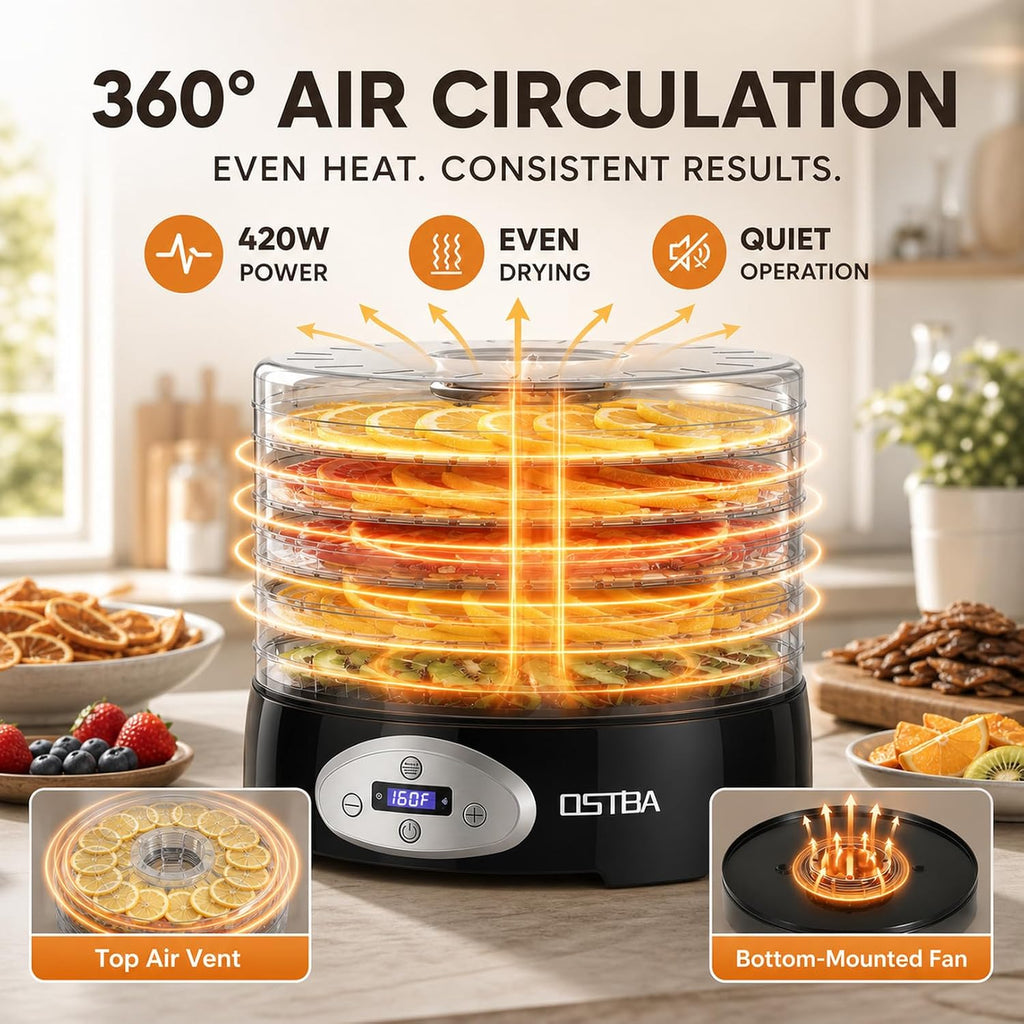 Food Dehydrator, 5 BPA-Free Trays, Adjustable Temp, 48H Timer, 420W