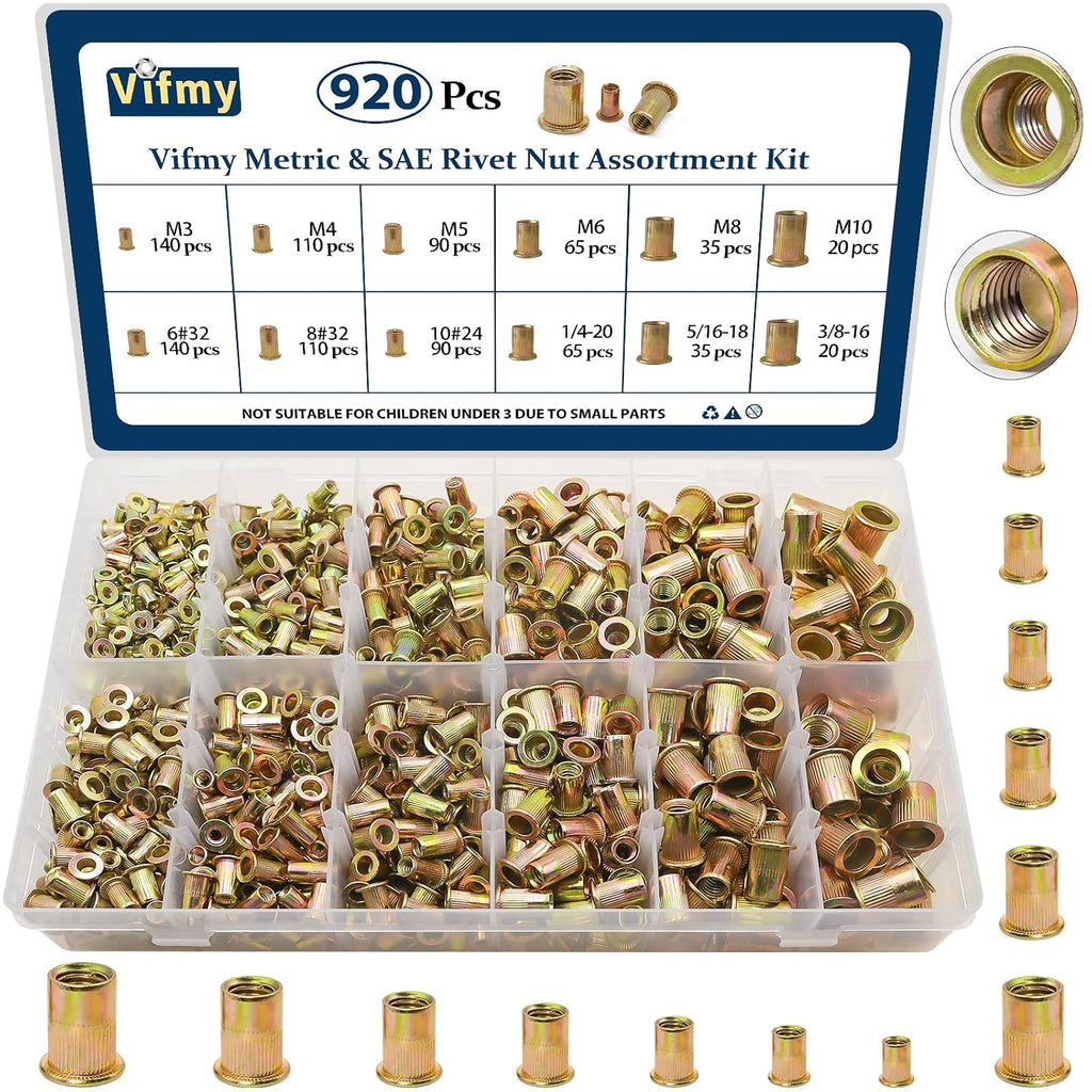 SAE & Metric Rivet Nut Assortment Kit 920 Pcs,Zinc Plated Rivnut