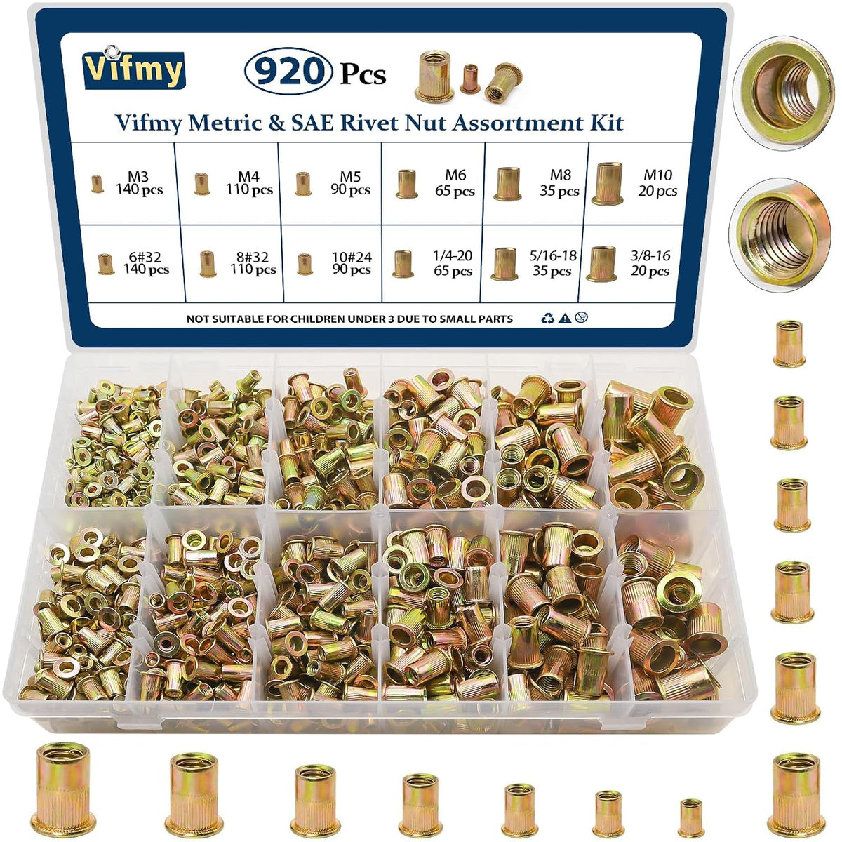 SAE & Metric Rivet Nut Assortment Kit 920 Pcs,Zinc Plated Rivnut