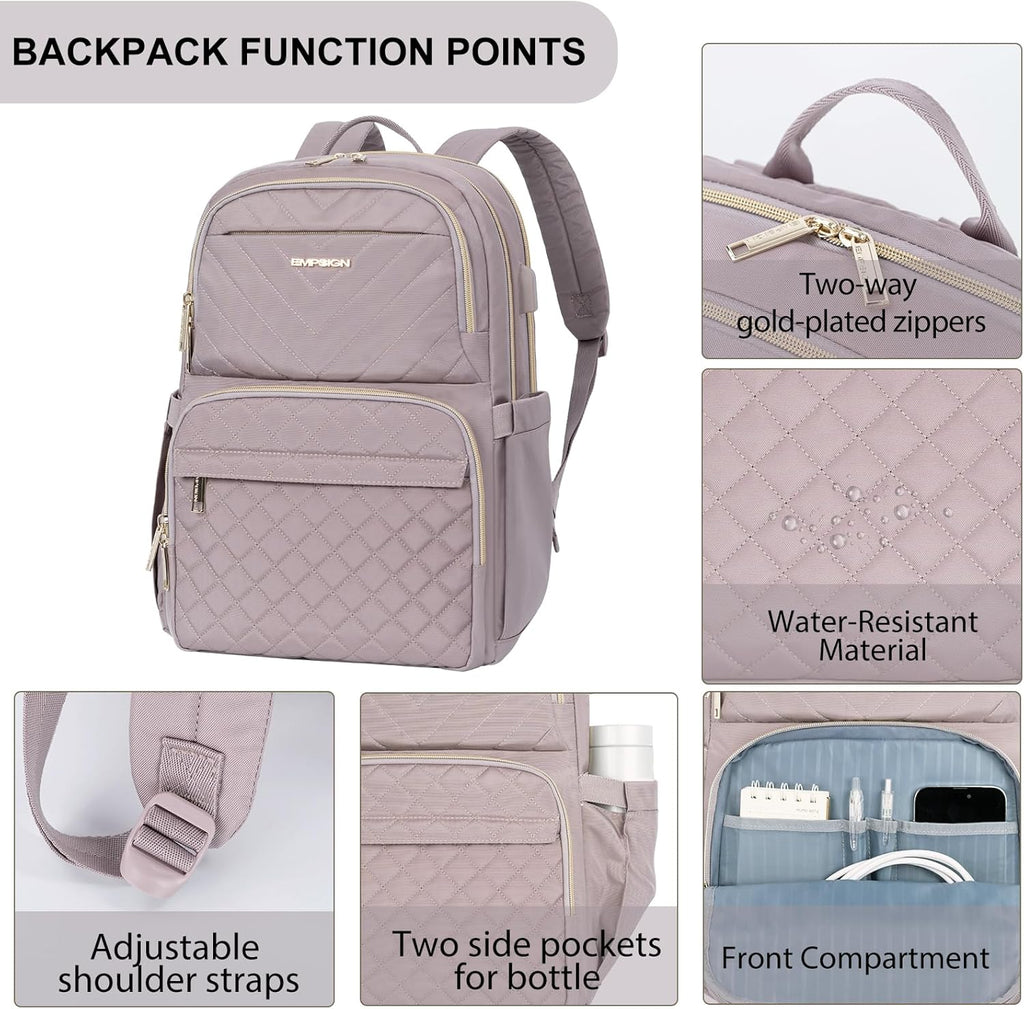 Laptop Backpack Purse for Women and Men with USB Charging Port, 15.6 Inch Travel Water Resistant Quilted Backpack