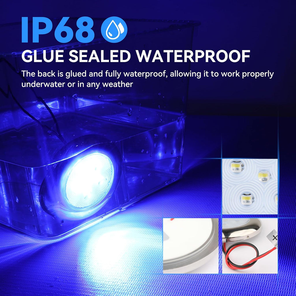 RVZONE 3" White & Blue Dual‑Color Boat Courtesy Lights, 4‑Pack IP68