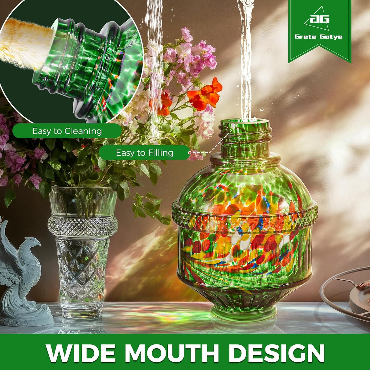 Hand Blown Glass Hummingbird Feeders for Outdoors, 25 Ounces Wild Bird Nectar Feeder with Perch & 5 Flower Feeding