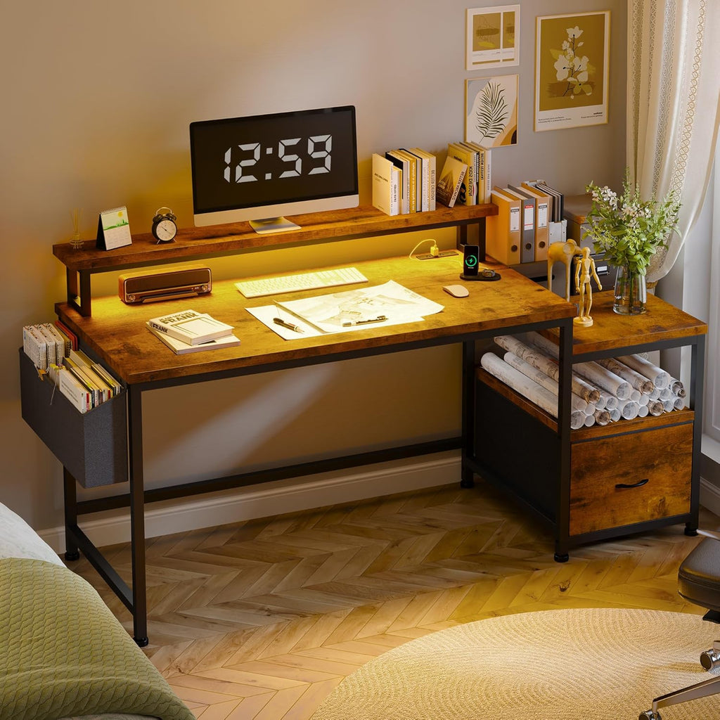56.5" Office Desk with Drawers and Printer Space,Computer Desk with Power Outlets,Home Office Desks with File Drawers
