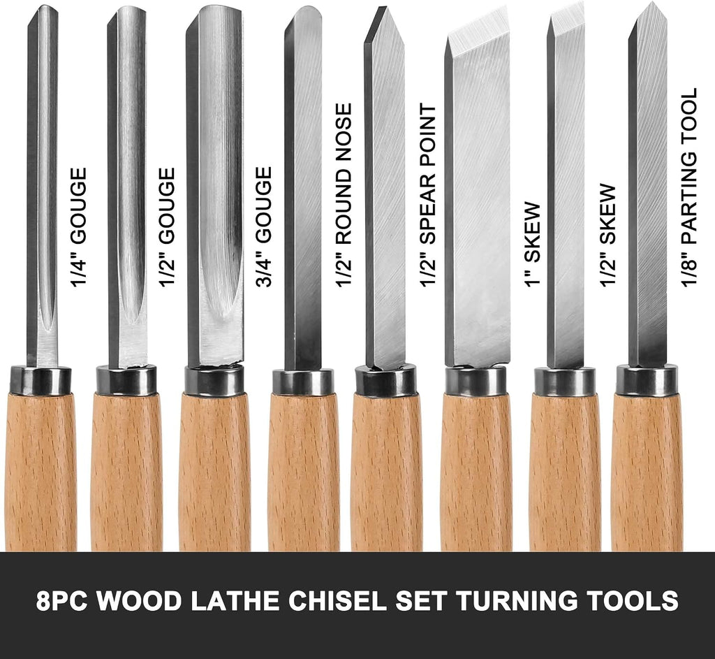 Professional Wood Turning Chisel 8 pcs Set, Lathe Chisel Set with 2 Skew 1 Spear Point 1 Parting 1 Round Nose & 3
