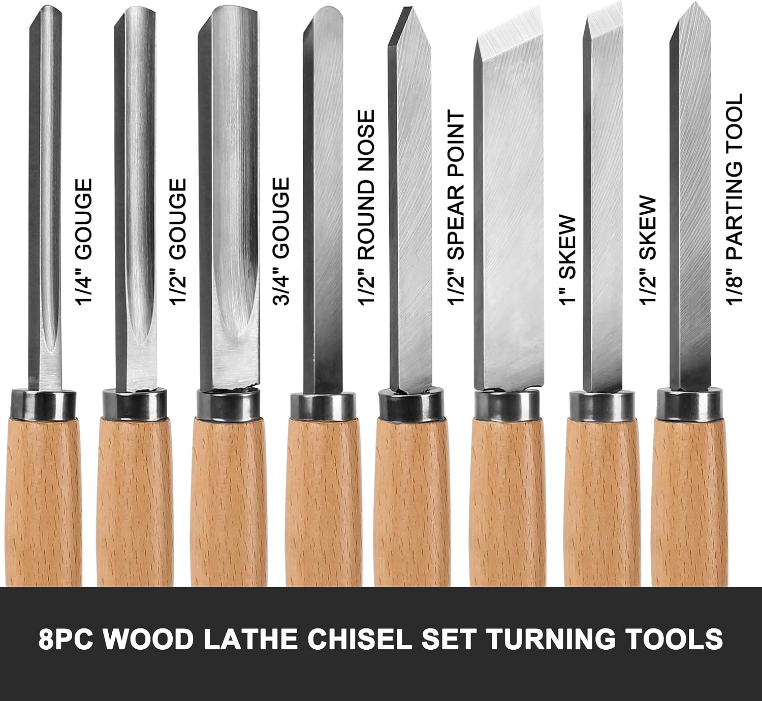 Professional Wood Turning Chisel 8 pcs Set, Lathe Chisel Set with 2 Skew 1 Spear Point 1 Parting 1 Round Nose & 3