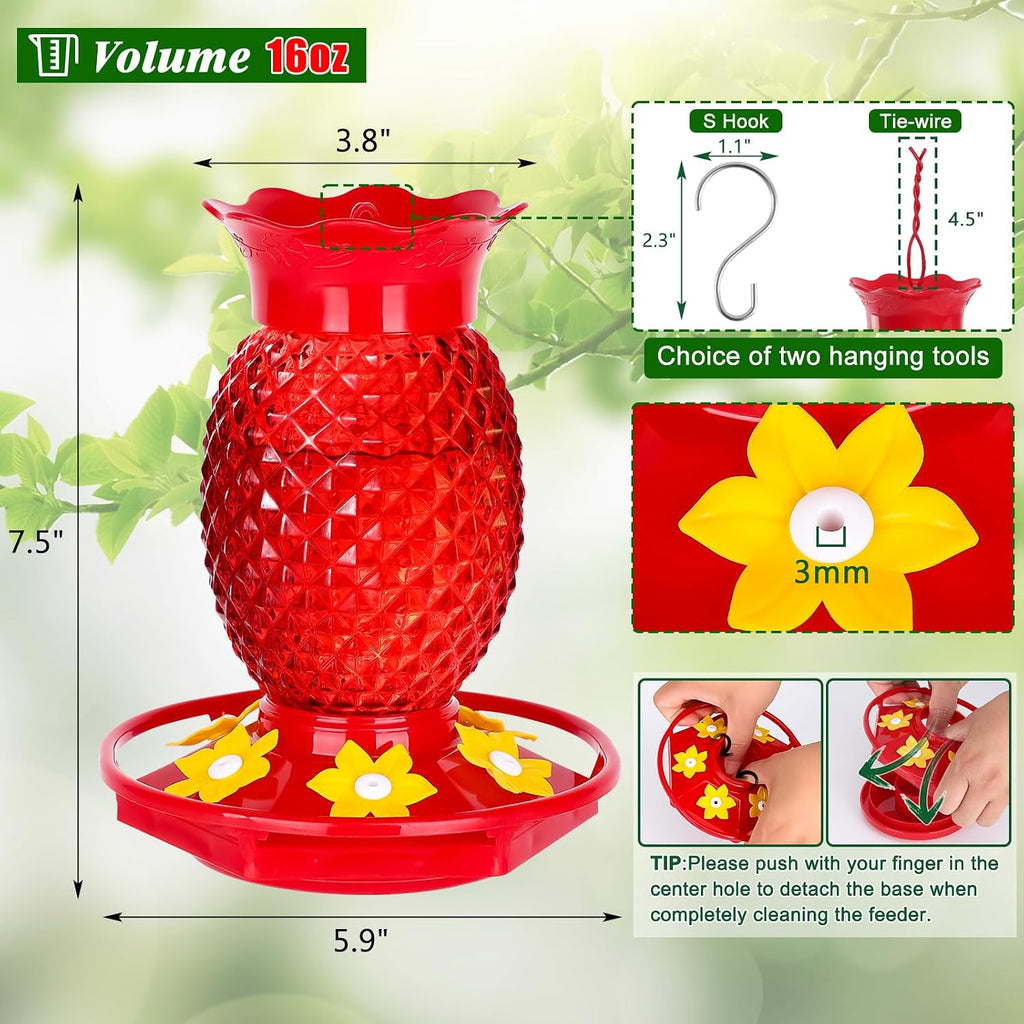 Glass Hummingbird Feeders for Outdoors Hanging 16oz 2 Pack Red Pineapple Bee & Ant Proof 360°Perch Leakproof Easy