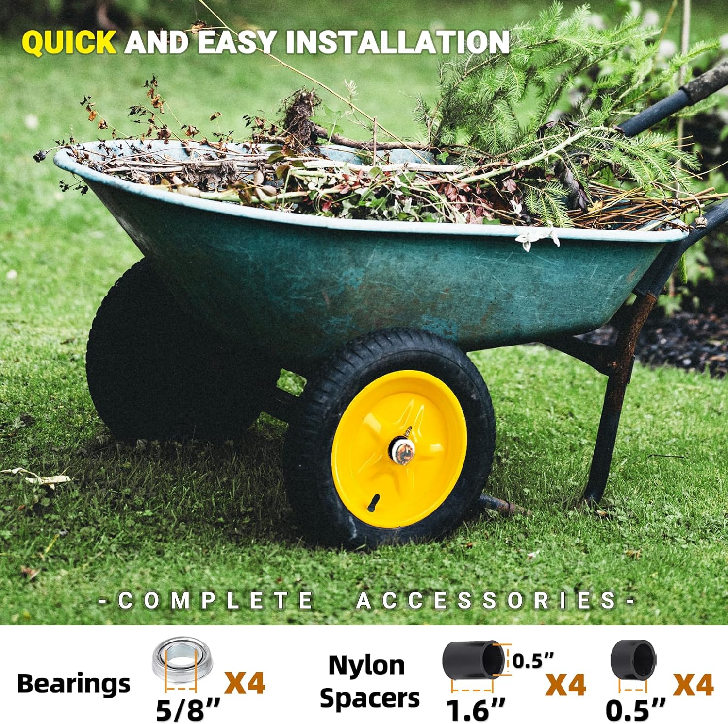 (2-PACK) 4.80/4.00-8" Tire and Wheel, 16" Pneumatic Tire Wheels with 3/4" Bearings and 3" Centered Hub for