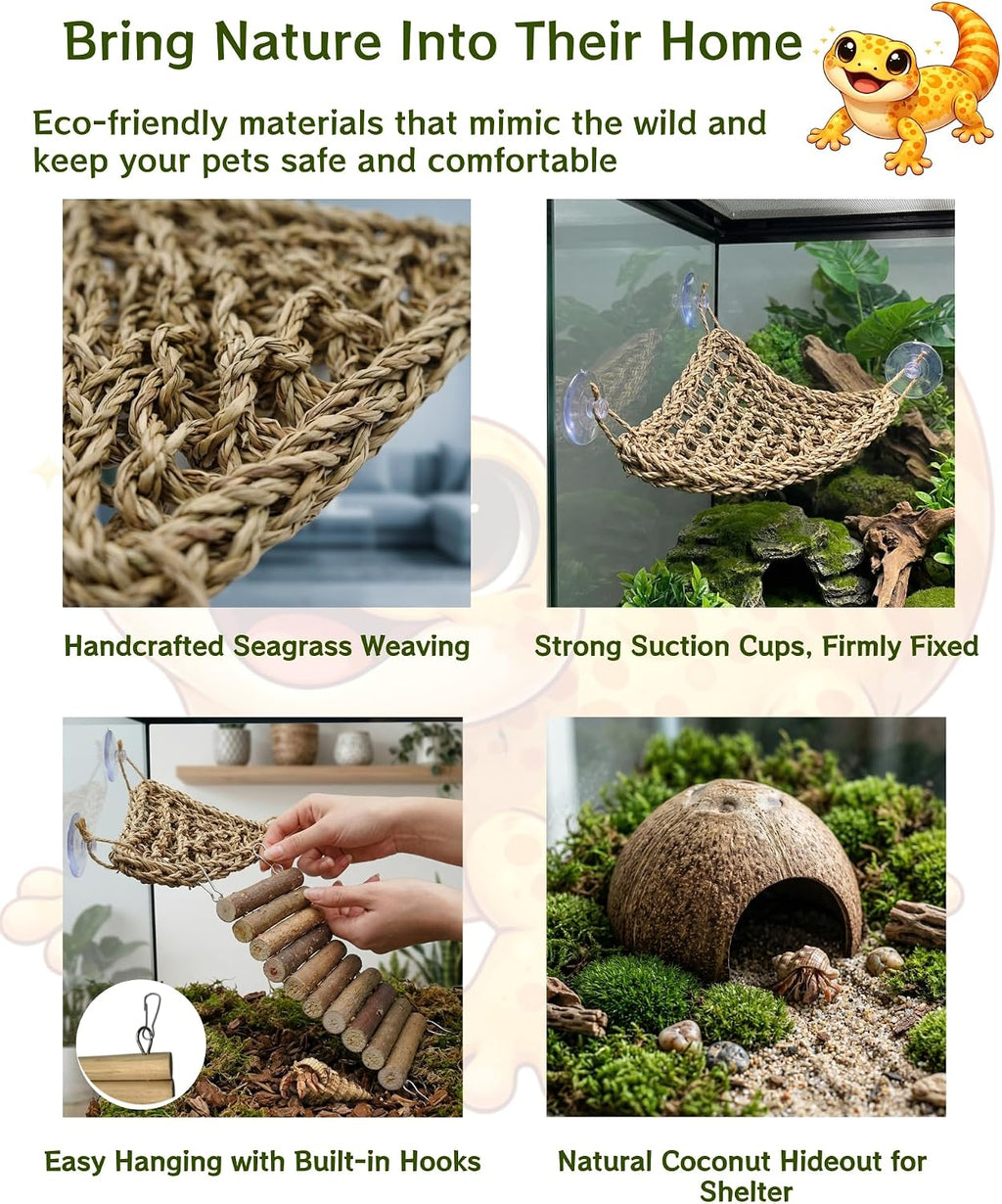 12-in-1 Hermit Crab Accessories Kit, 2026 New Kit for Bearded Dragon, Coconut Shell Hideout, Climbing Bridge