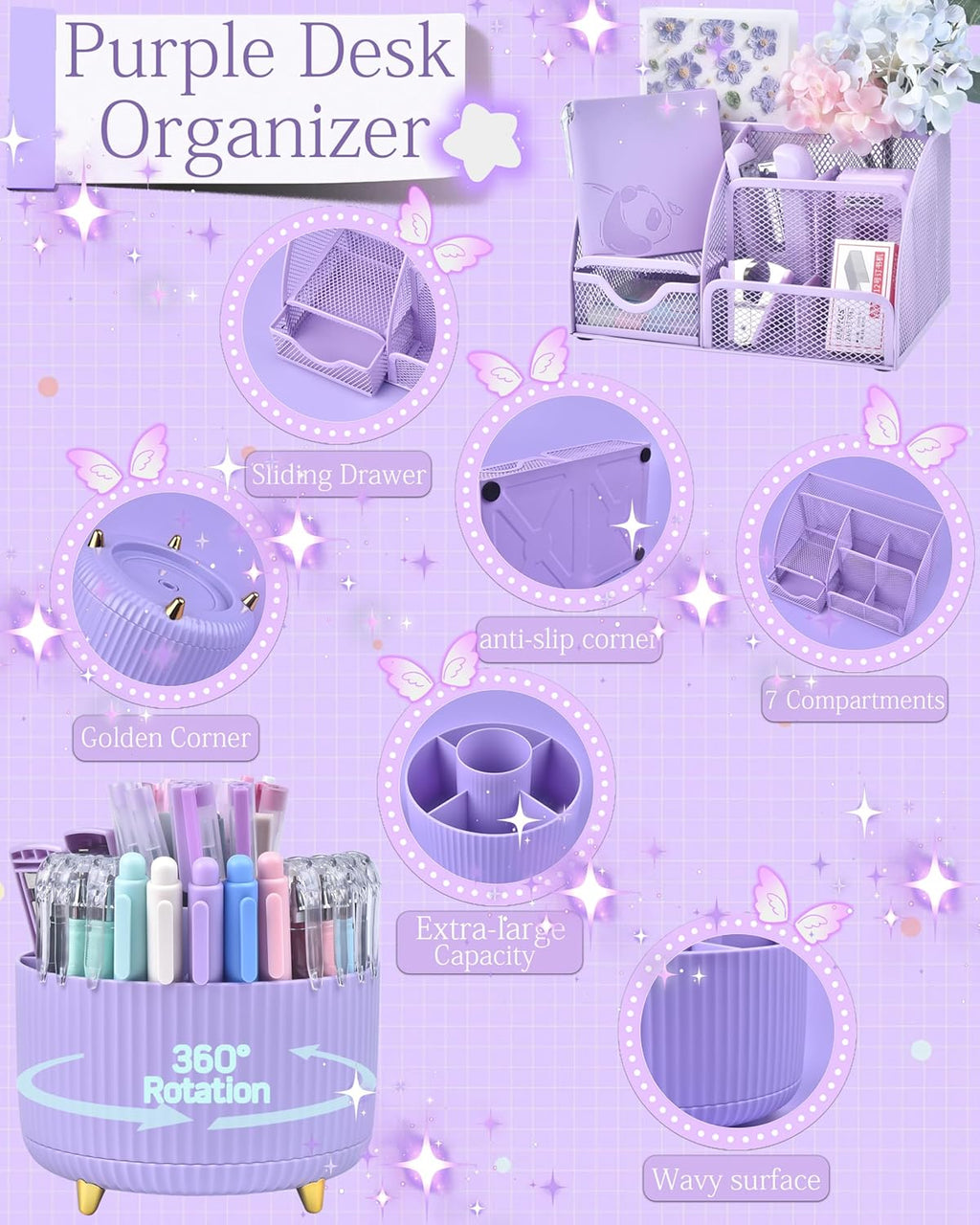 Purple Desk Accessories and Organizers with Desk Organizer and 360°Rotating Pen Holder stapler Pen and a Lot of