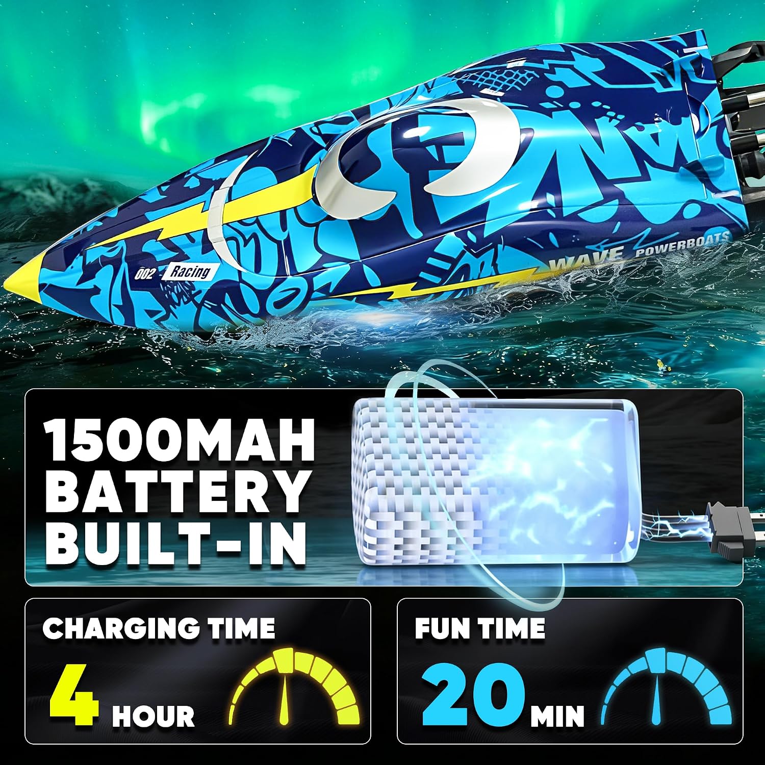 16 Inch High-Speed RC Boat for Adults & Kids, 40+ KPH Large Fast Remote Control Boat for Pools, Lakes & Rivers, with