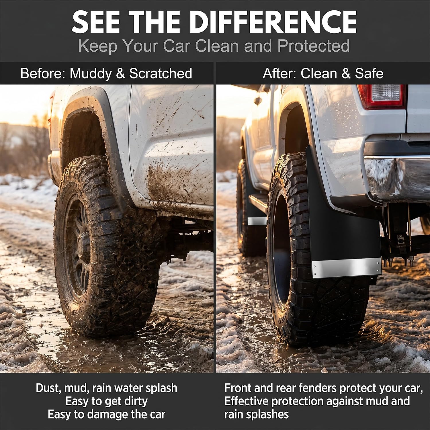 Universal Mud Flaps Black Mudguard for Trucks Cars SUVs Vans | Car Wheel and Tire Mud Flaps with Night Reflectors