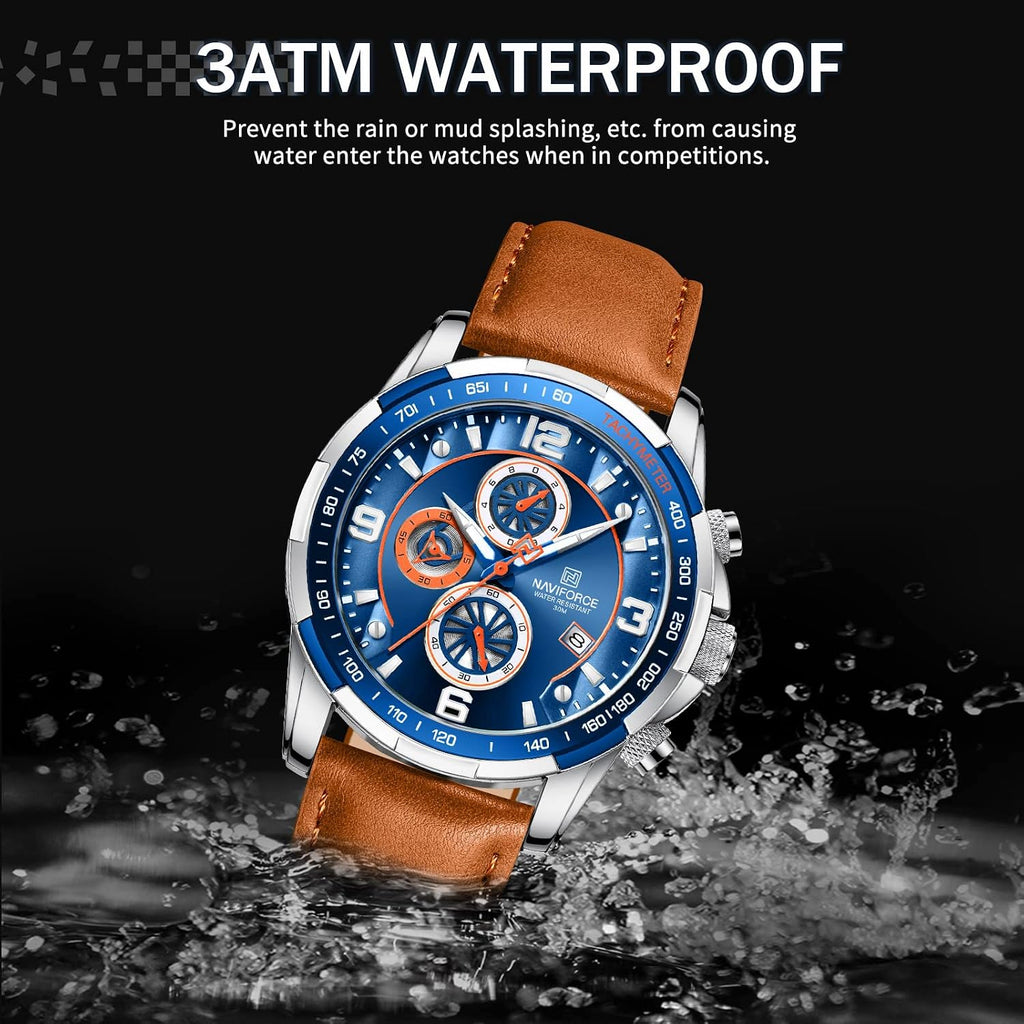 Sport Watches for Men Analog Quartz Chronograph Leather Strap Wrist Watch