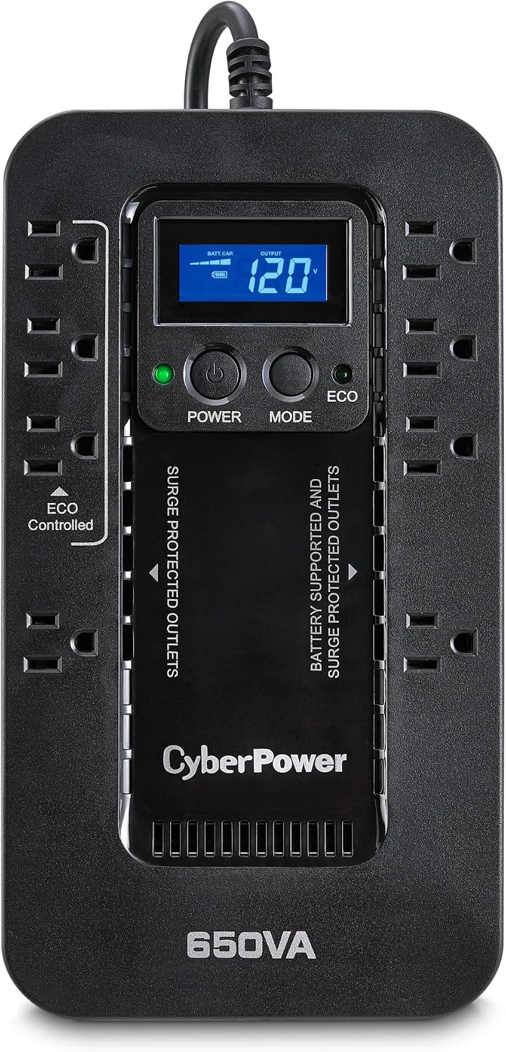 EC650LCD Ecologic UPS Battery Backup and Surge Protector | 650VA/390W, 8 Outlets, ECO Mode, Compact, UL Certified