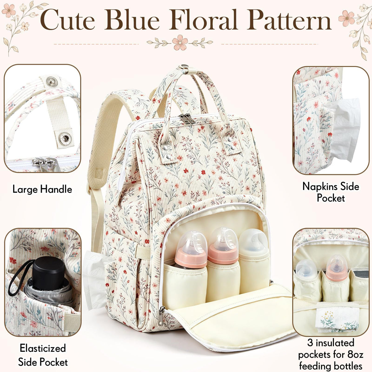 Light White Floral Diaper Bag Backpack Mom Cute Diaper Bag