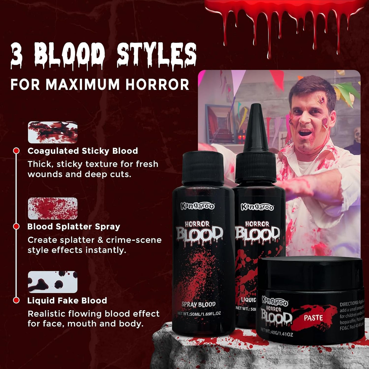 3Pcs Vampire Makeup Kit with Liquid, Paste & Spray Fake Blood