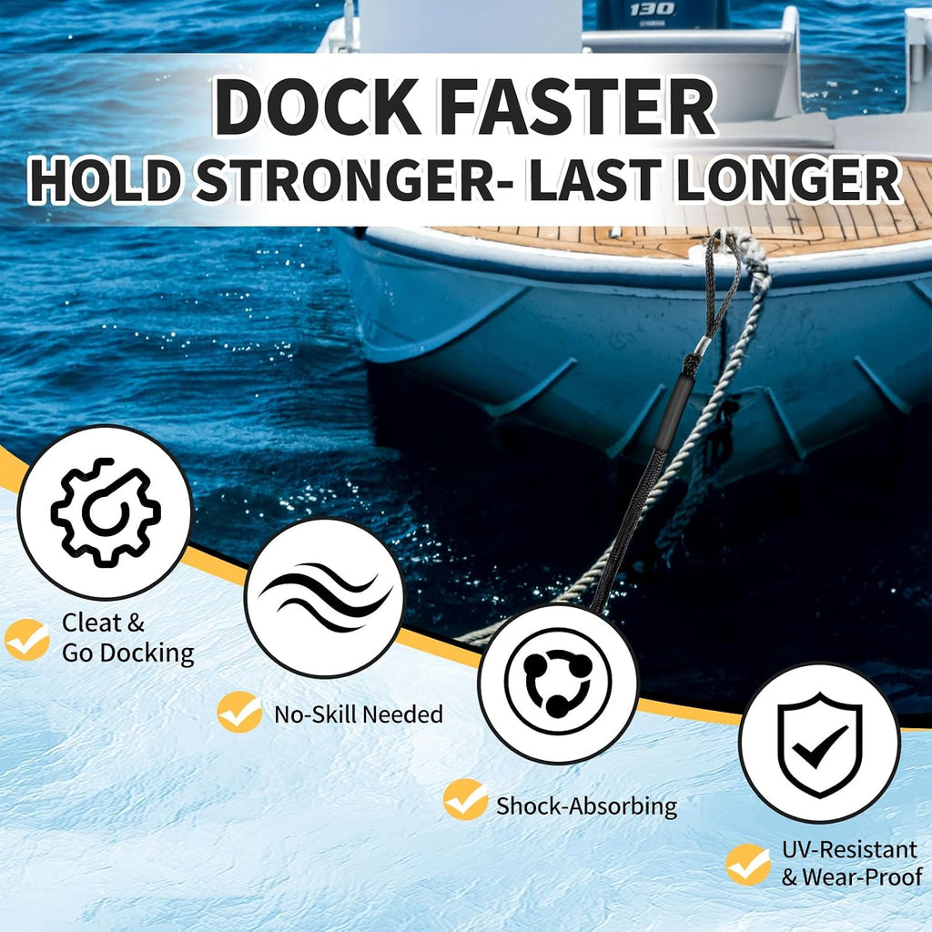 Bungee Dock Lines, Boat Tie Downs for Docking, 2-Pack, Black, 4FT