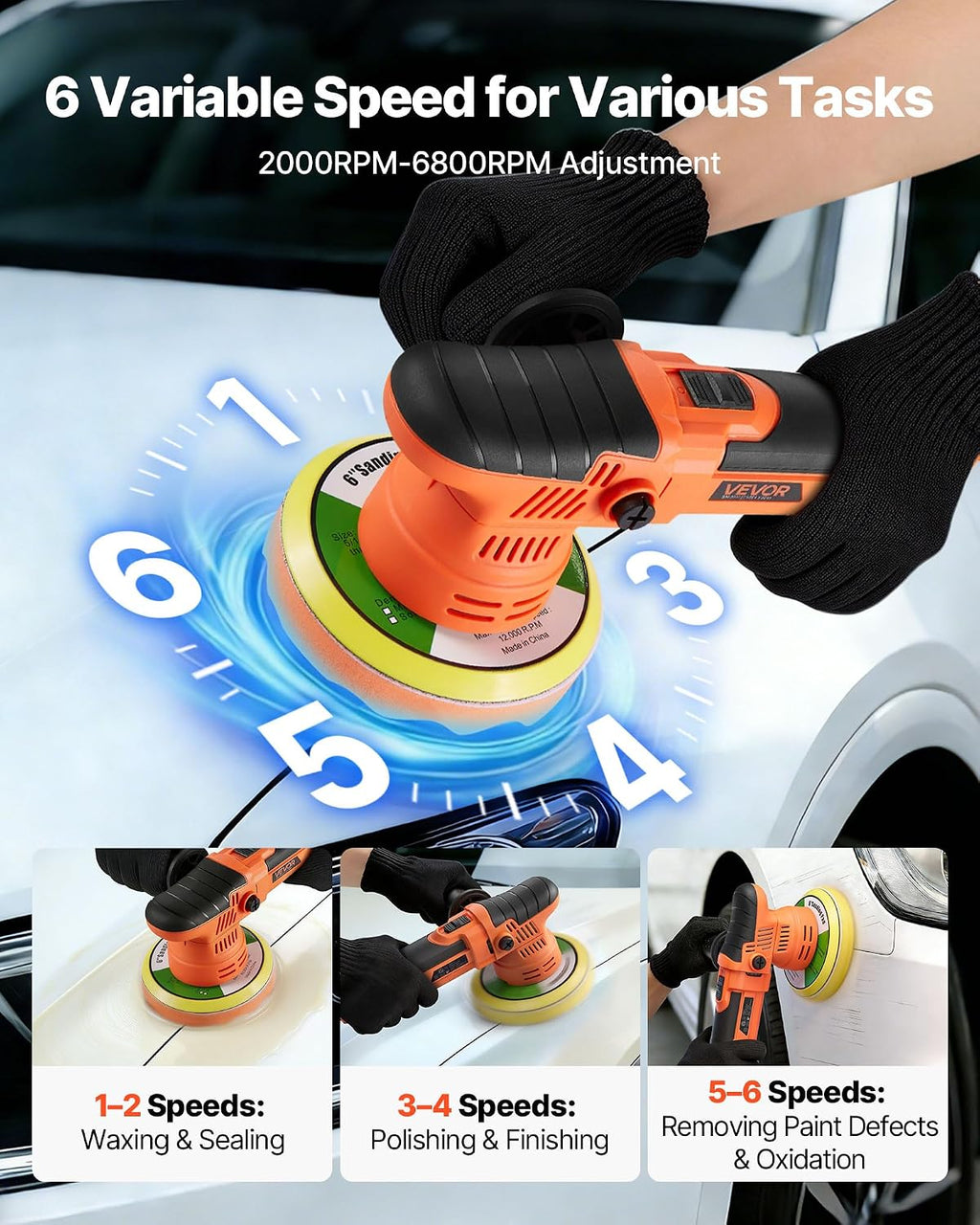 Car Buffer Polisher, 6-Inch Dual Action Polisher Buffer Waxer, 650W 6 Variable Speeds 2000-6800RPM Random Orbital
