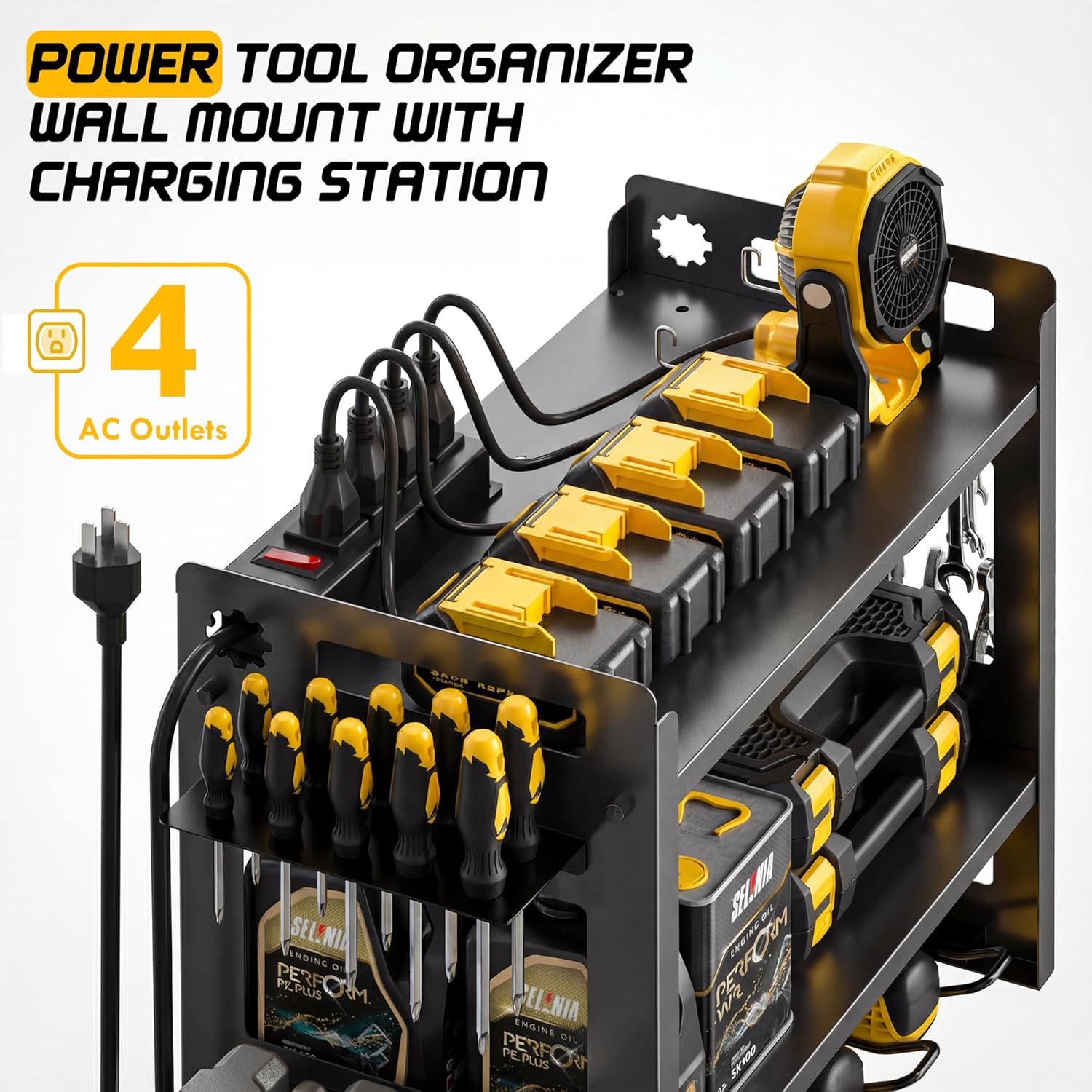 Power Tool Organizer Wall Mount with Charging Station, 3-Tier Heavy Duty Metal Tool Rack with 4 Drill Holders and 6FT