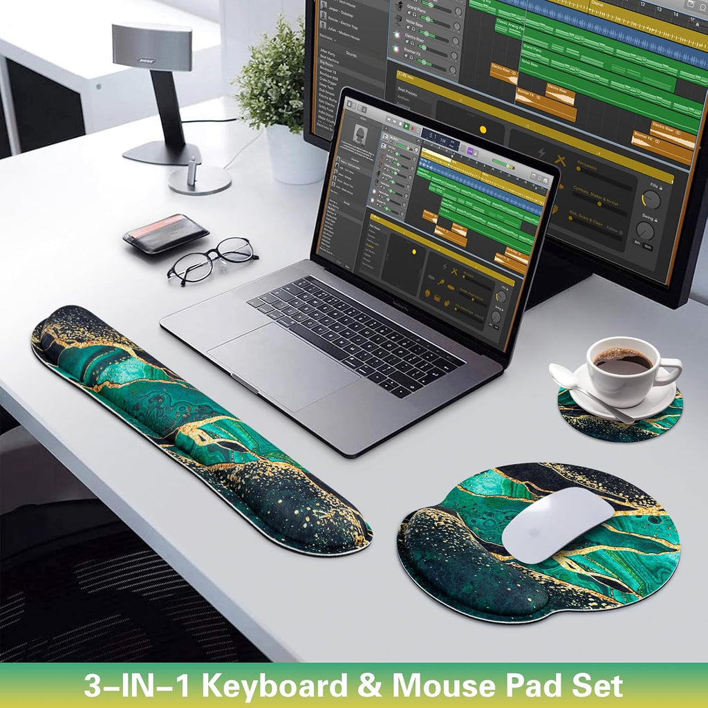 Mouse Pad Green with Wrist Rest Set, 3-in-1 Wrist Support Mousepad | Gaming Mat Pad with Anti-Skid Base,Ergonomic
