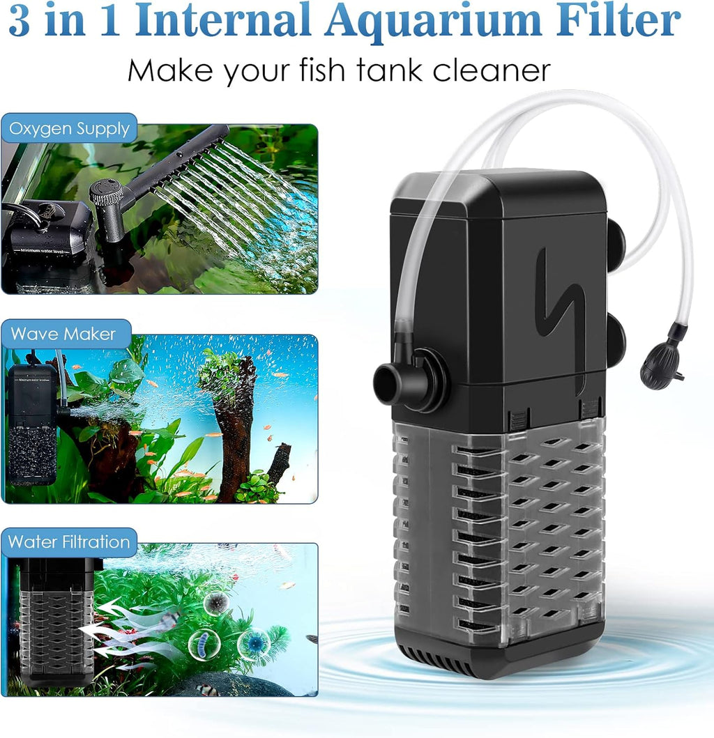 Submersible Aquarium Filter, Adjustable Flow with Aeration System