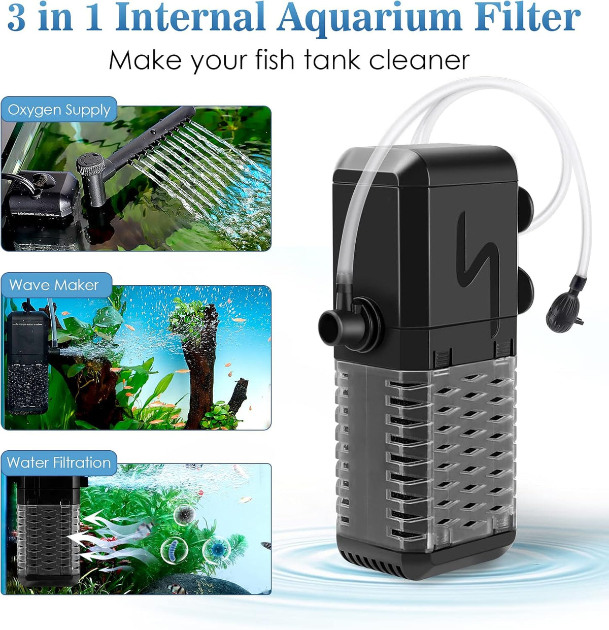 Submersible Aquarium Filter, Adjustable Flow with Aeration System