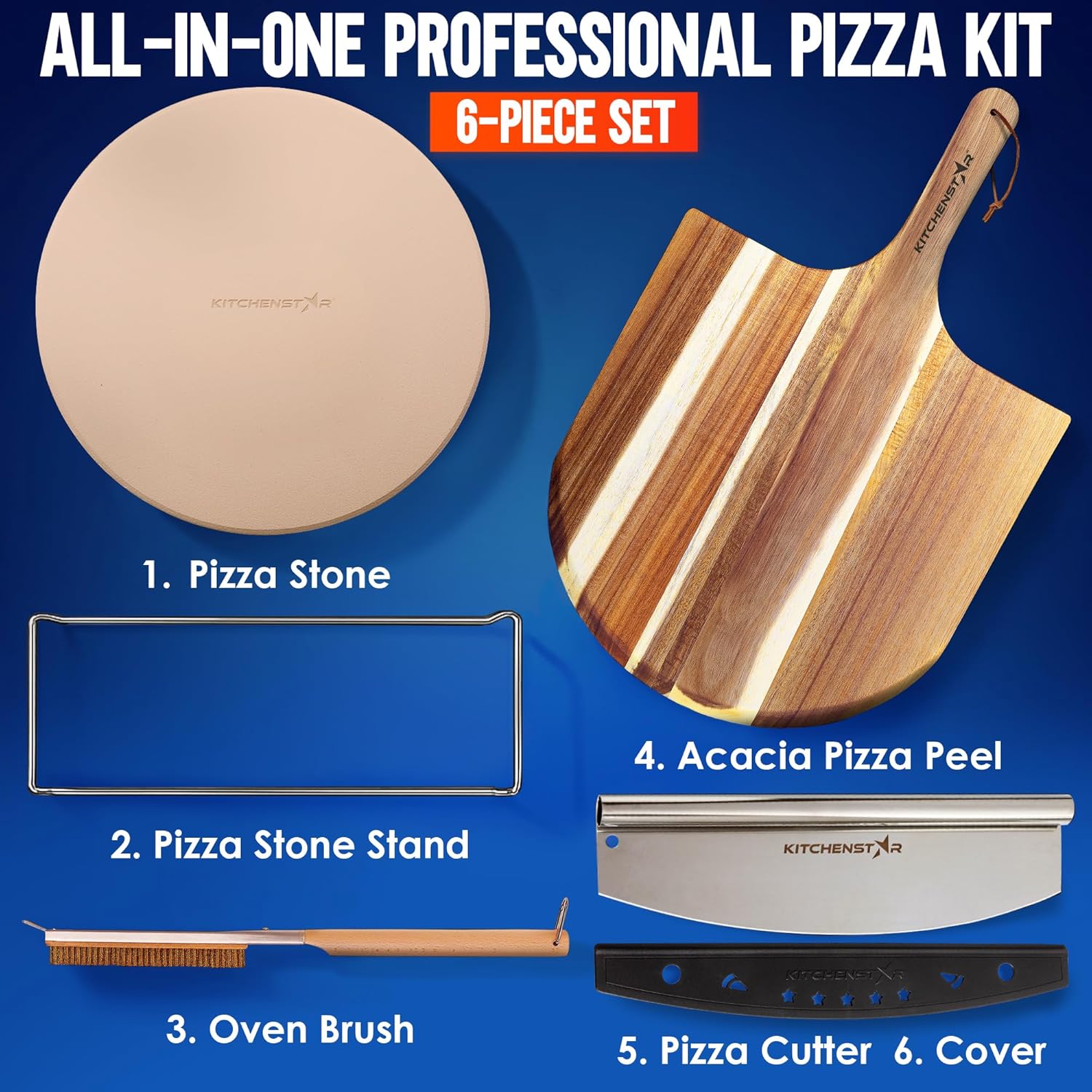 Pizza Stone Set for Oven and Grill – 16 Inch Cordierite Baking Stone, 1800°F Resistant, 6-Piece Kit with Acacia Wood