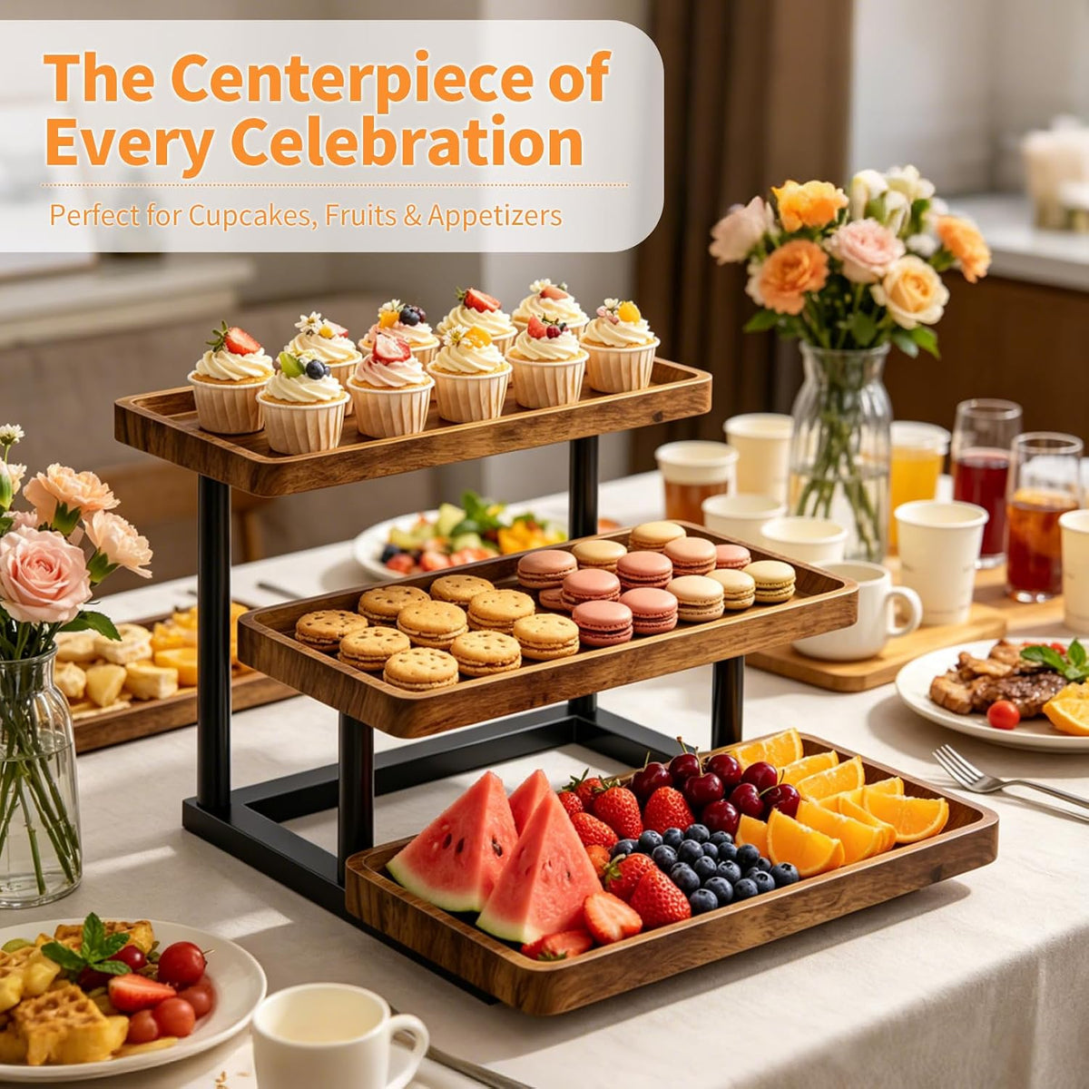 3 Tier Serving Tray for Party, Wood Cupcake Stand with Sturdy Metal Frame