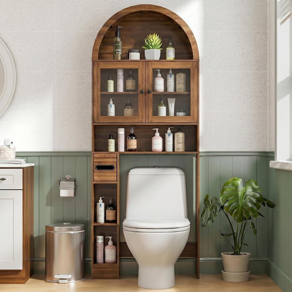 Arched Over The Toilet Storage Cabinet with Glass Doors, Above Toilet Bathroom Organizer, 4 Tier Bathroom Cabinet