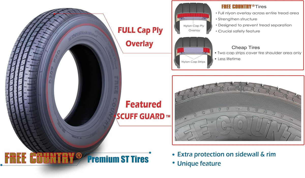 Free Country Premium Trailer Tire ST205/75R15 8PR LRD 107N w/Scuff Guard