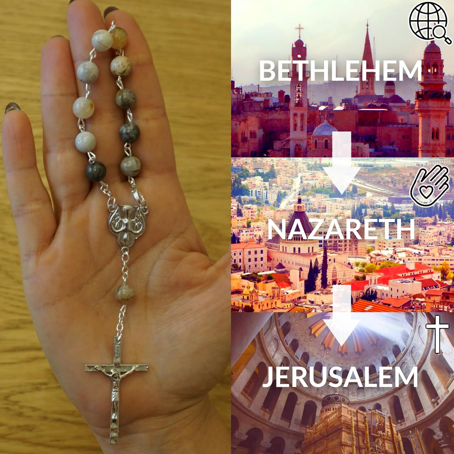 Car Rosary, Handmade and Blessed in the Holy Land, Prayer Beads with Saints Medal and Crucifix, Gift Pouch and