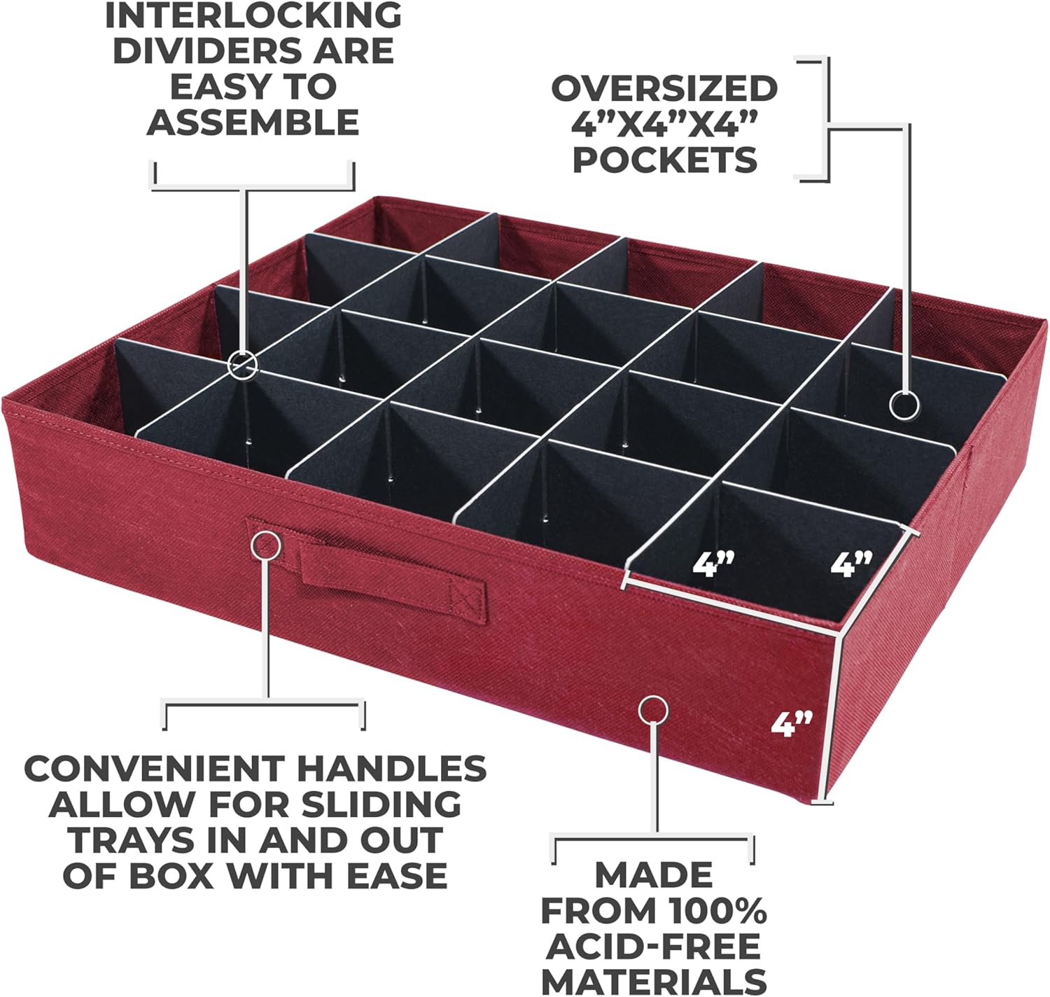 Christmas Ornament Storage Box, Holds 60-4 Inch Ornaments | Adjustable Acid-Free Dividers, 3 Removable Trays with