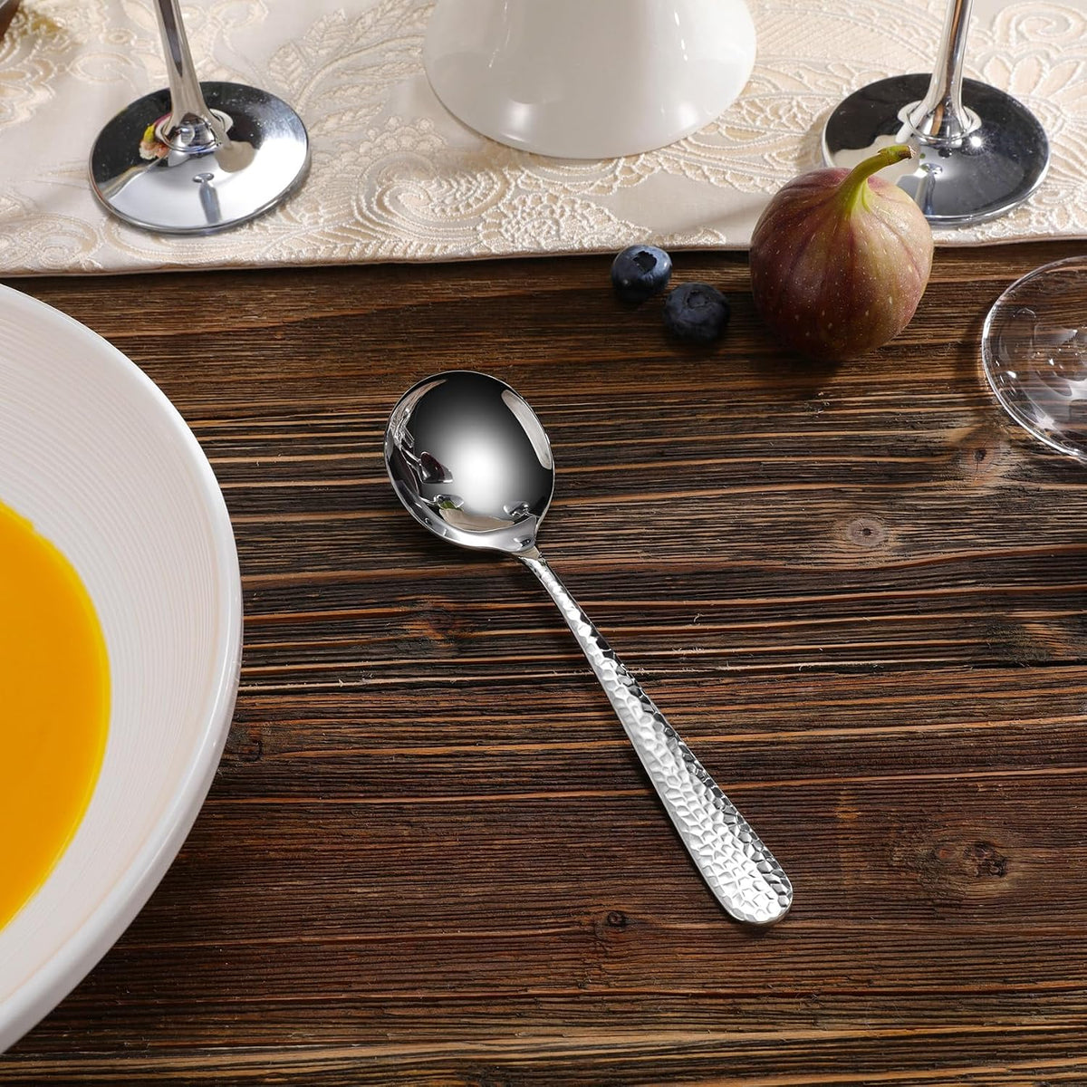 Premium Louise Hammered 4-Piece Soup Spoon Set (7" Soup Spoons)