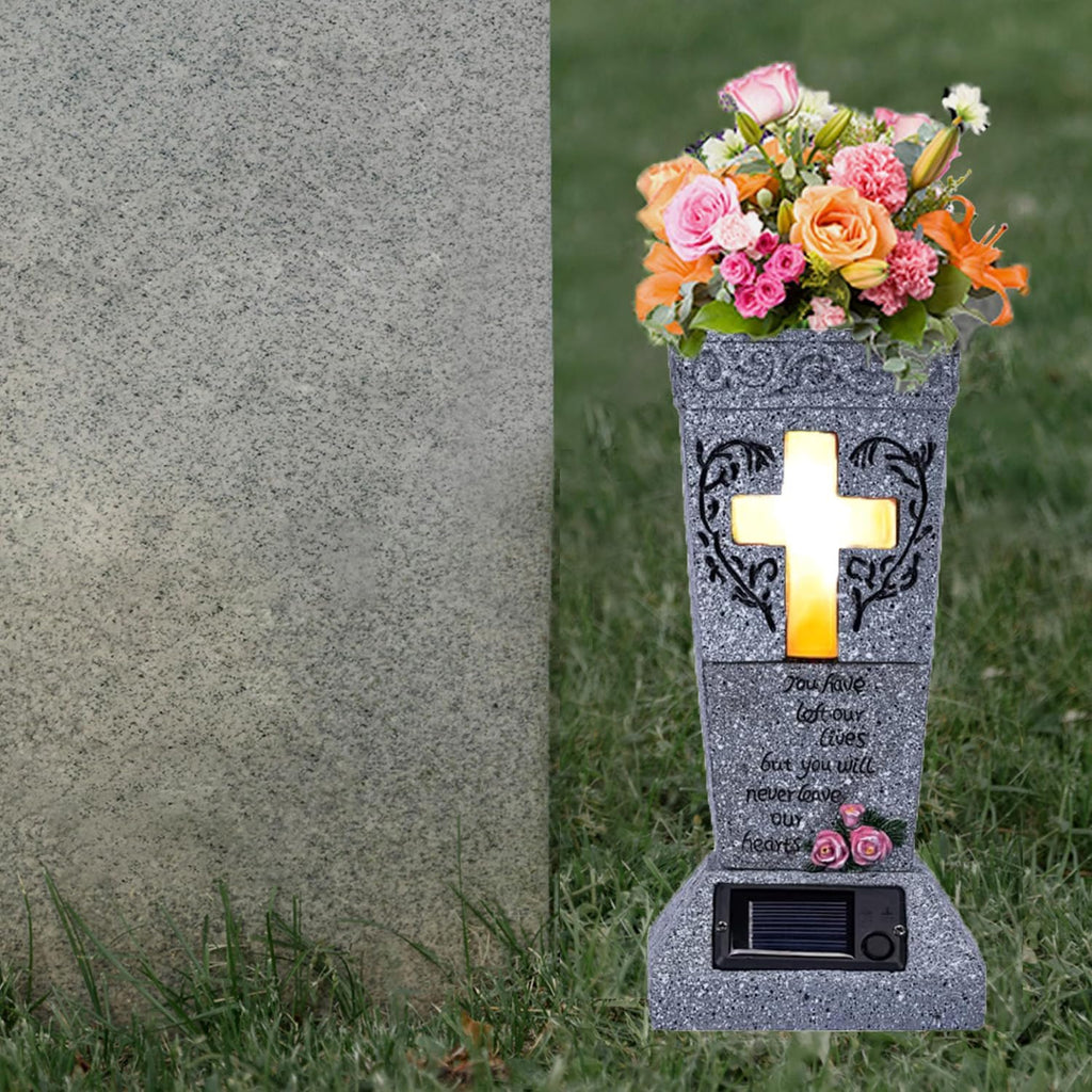 Solar Cemetery Vase with LED for Fresh/Artificial Flowers, Cemetery Flowers Vase with Spikes, Headstone Decorations