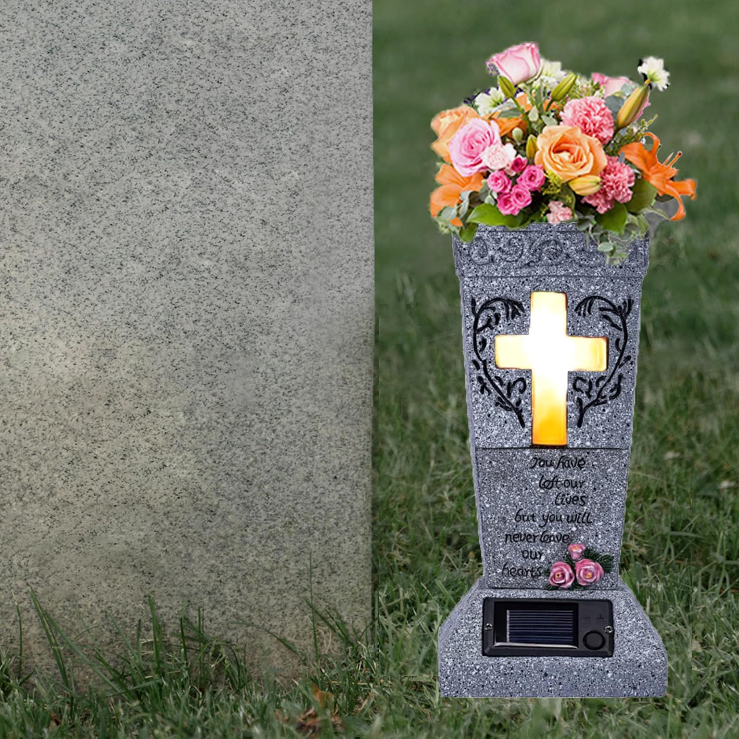 Solar Cemetery Vase with LED for Fresh/Artificial Flowers, Cemetery Flowers Vase with Spikes, Headstone Decorations