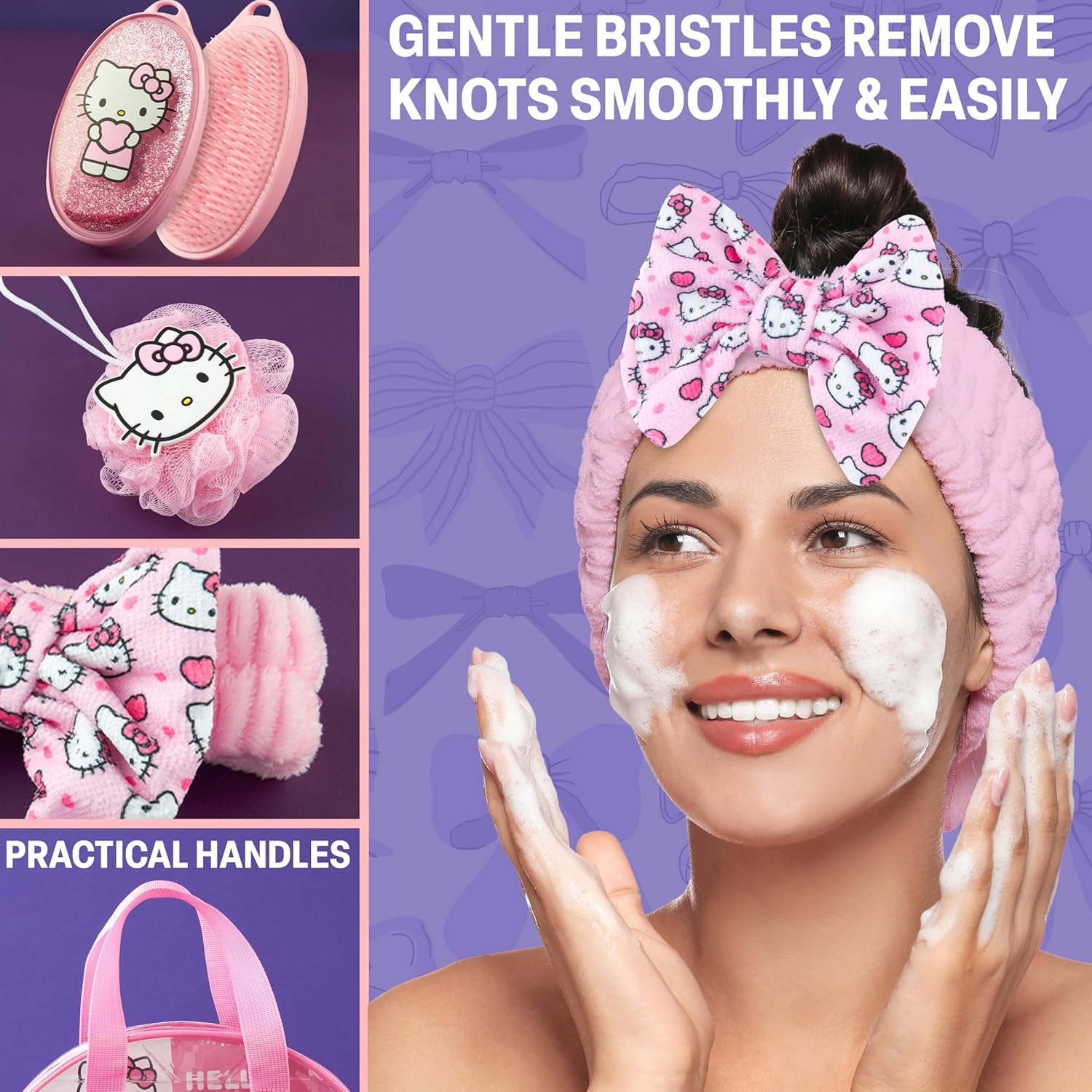 Hello Kitty Sanrio Shower Accessories Set, Kawaii Toiletry Bag with Shower Cap Headband Bath Sponge, Gifts for Girls