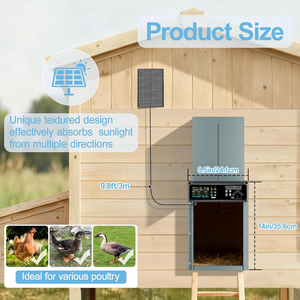 Solar Automatic Chicken Coop Door Programmable Remote 6 Modes Light Blue