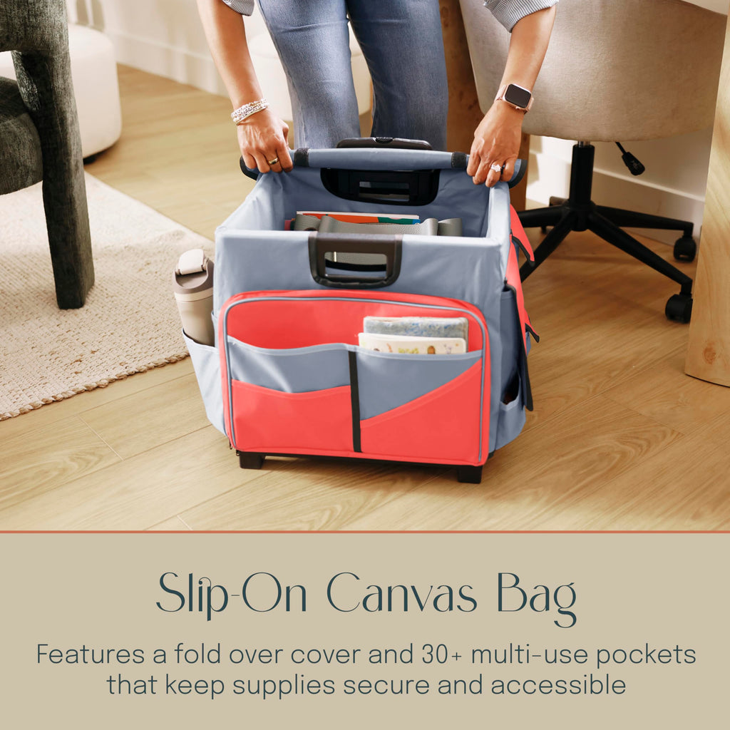 Folding Mobile Utility Cart, Canvas Organizer Bag, Red/Grey