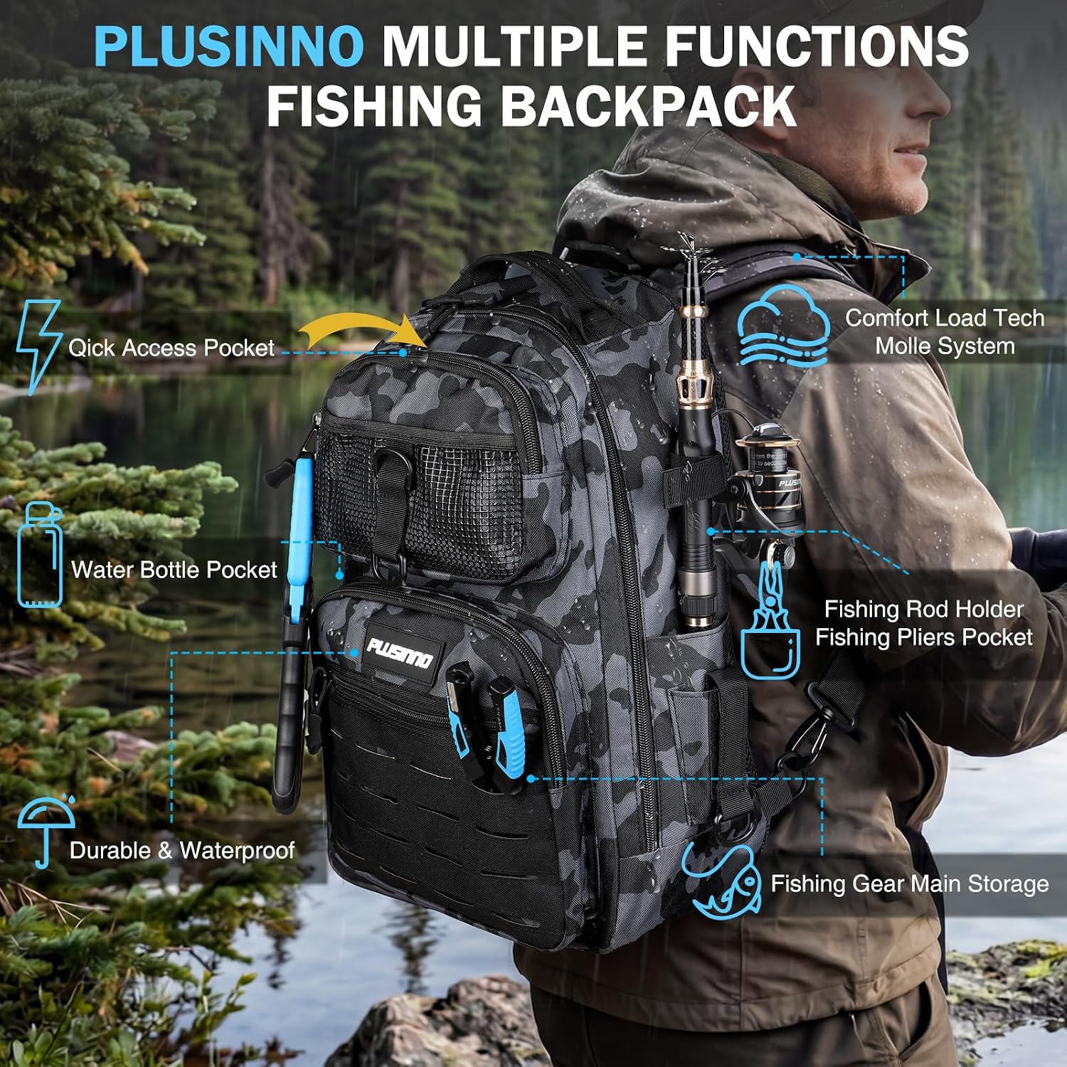 Fishing Gear, Fishing Backpack with Tackle Box, Waterproof tackle Backpack with Rod Holders, Lures, Tools, Pliers &