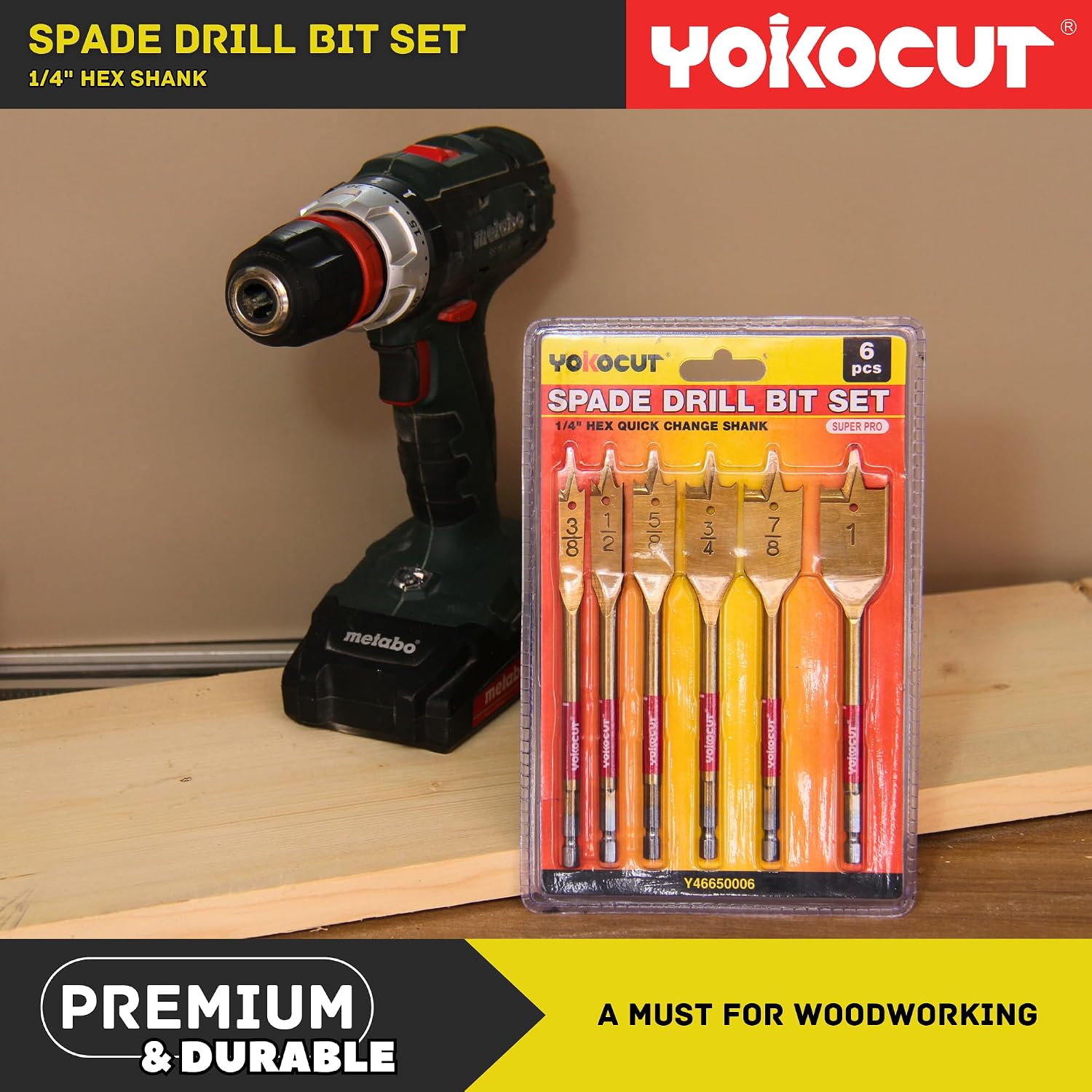 Spade Drill Bit Set, 6PCS Paddle Bits Set, 3/8"-1" Spade Bits with 1/4 Hex Shank, Wood Hole Cutter, Drill Bits for Wood