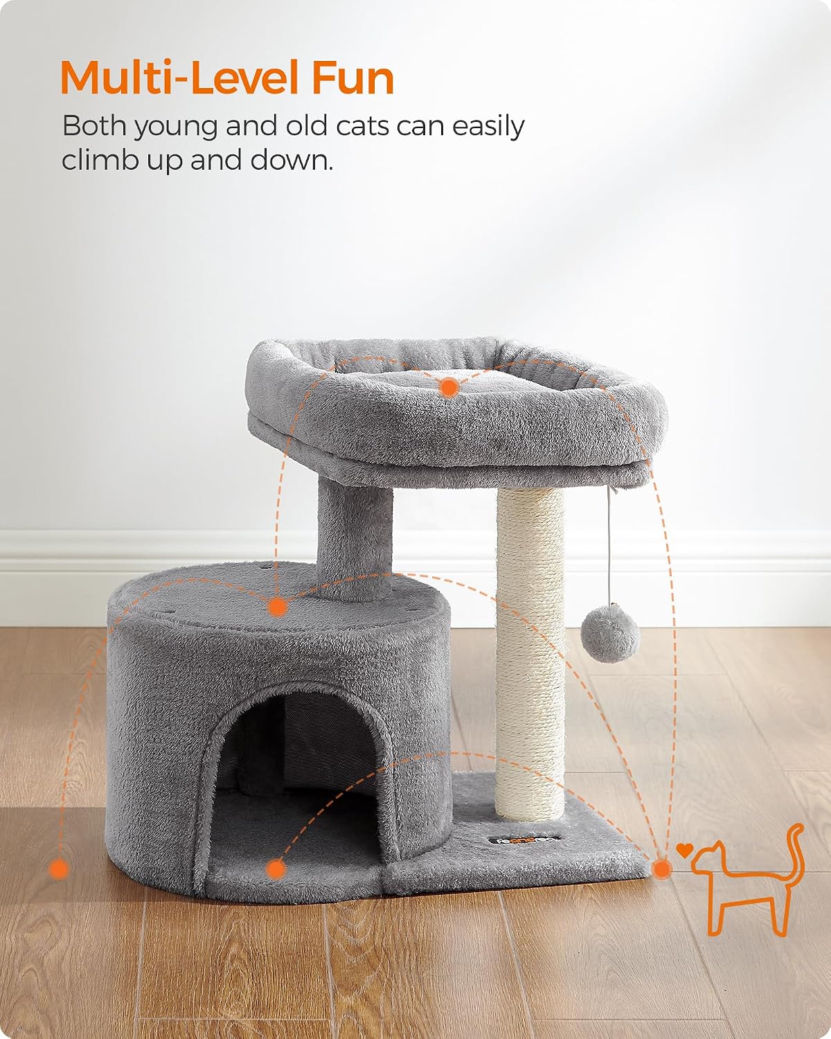 Cat Tree, Small Cat Tower with Sisal Scratching Post, Plush Condo with Padded Perch