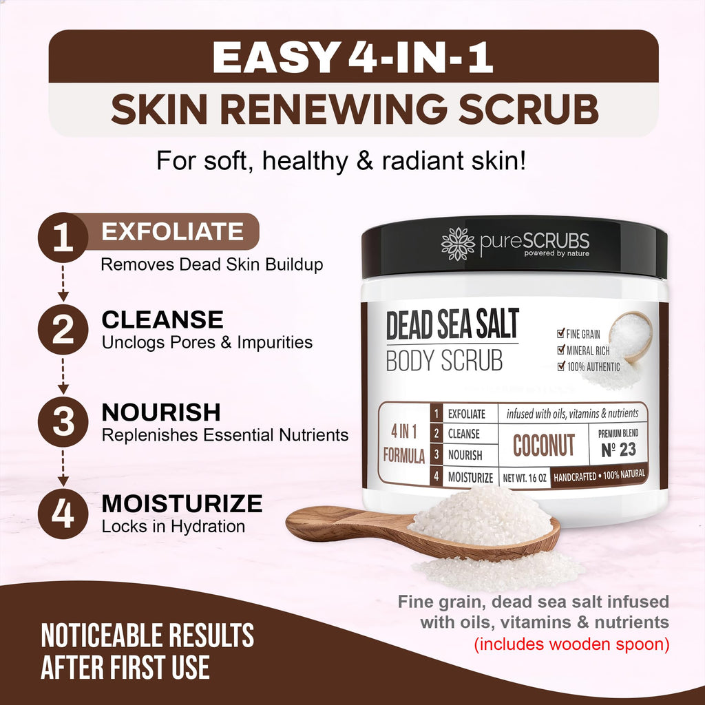 Premium Coconut Body Scrub Set, Exfoliating Dead Sea Salt Scrub
