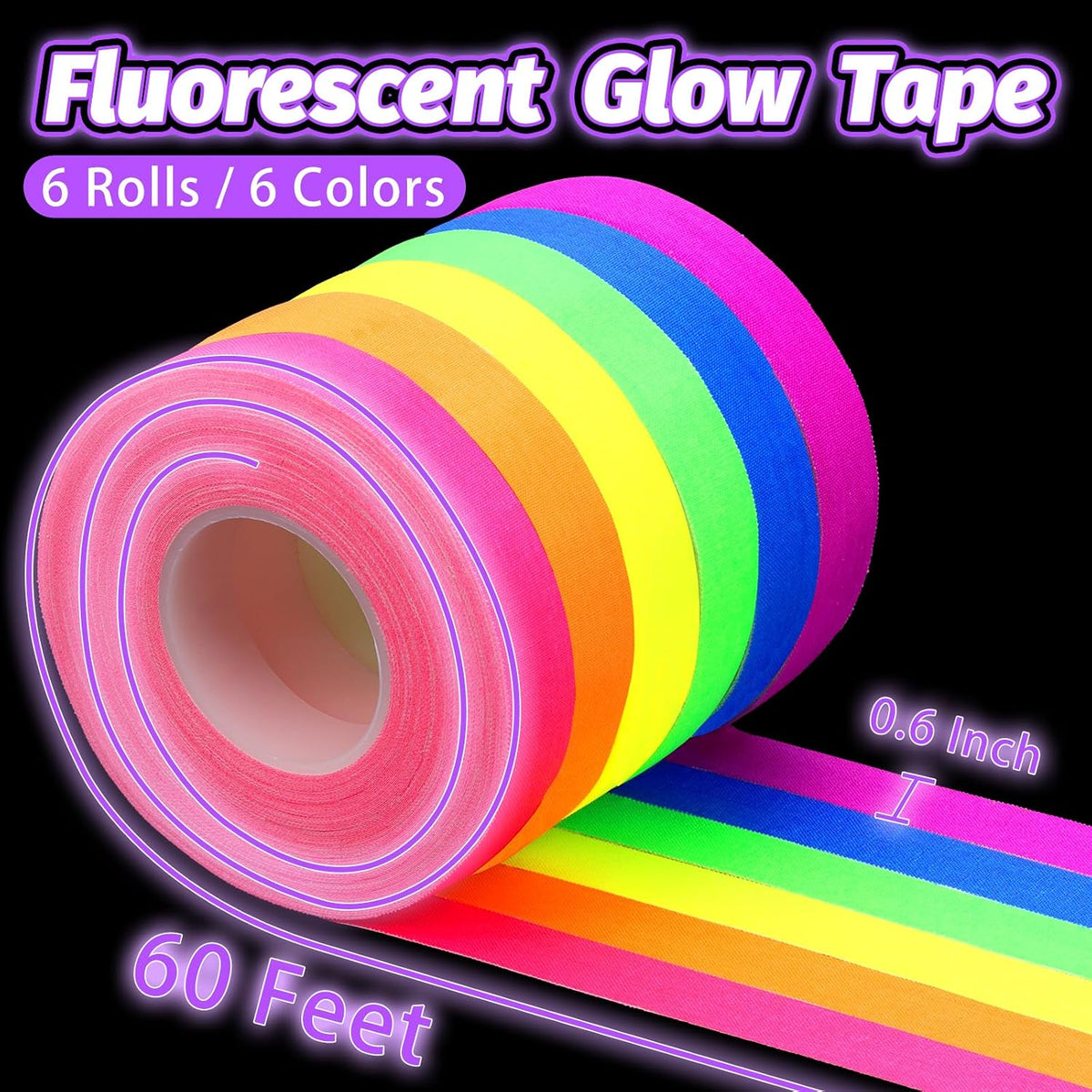 6 Colors Glow Neon Gaffer Cloth Tape, 60 FT X 0.6 IN UV Black Light Tape