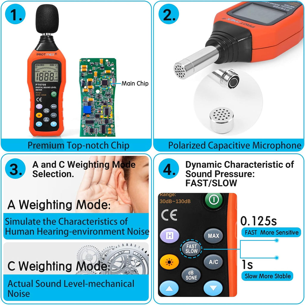 Protmex PT6708 Sound Level Meter - Digital Decibel Reader Measurement