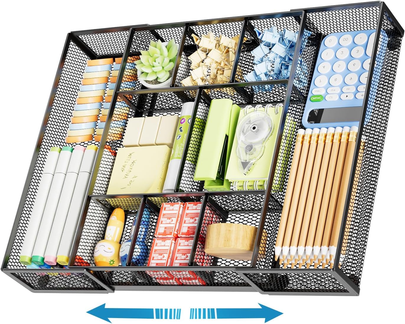 Expandable Desk Drawer Organizer, Mesh Drawer Organizer Tray with 10 Adjustable Compartments, Desk Organizers and